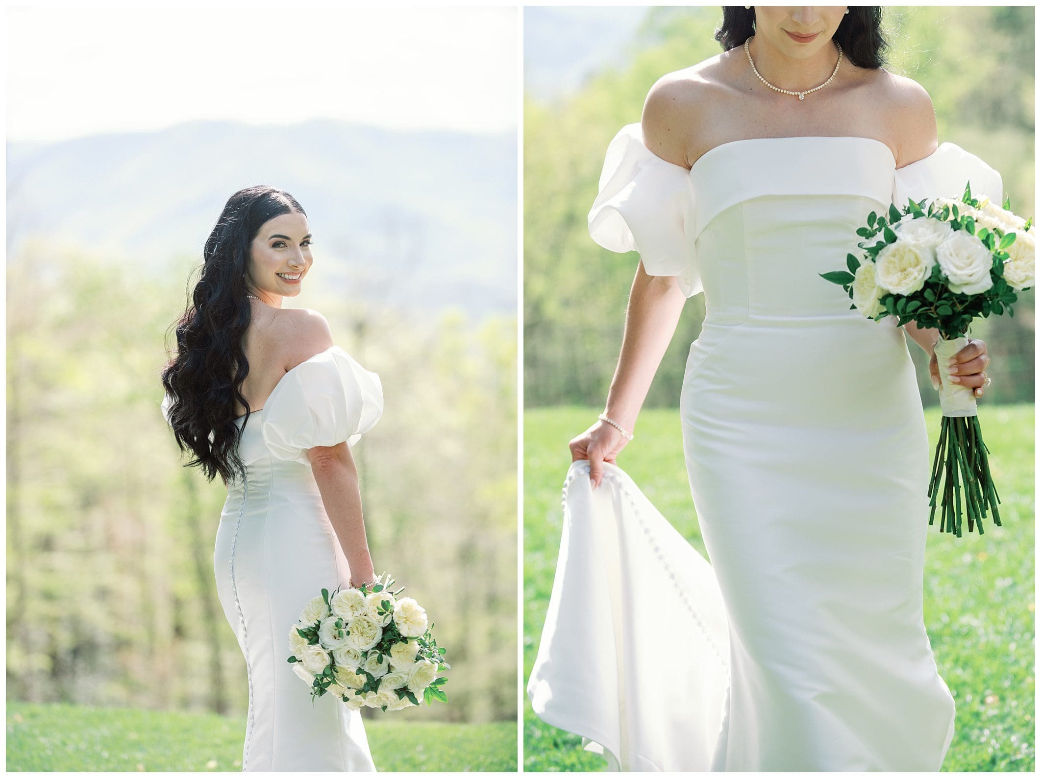 A bride in an elegant white dress with off-shoulder sleeves, holding a bouquet, stands in a lush green field with a mountain backdrop.