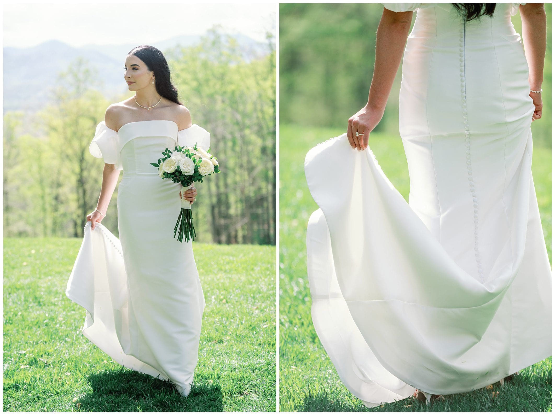 A bridewhite gown holding a bouquet, with a scenic mountain backdrop in the first image and a close-up of the gown’s details in the second image.