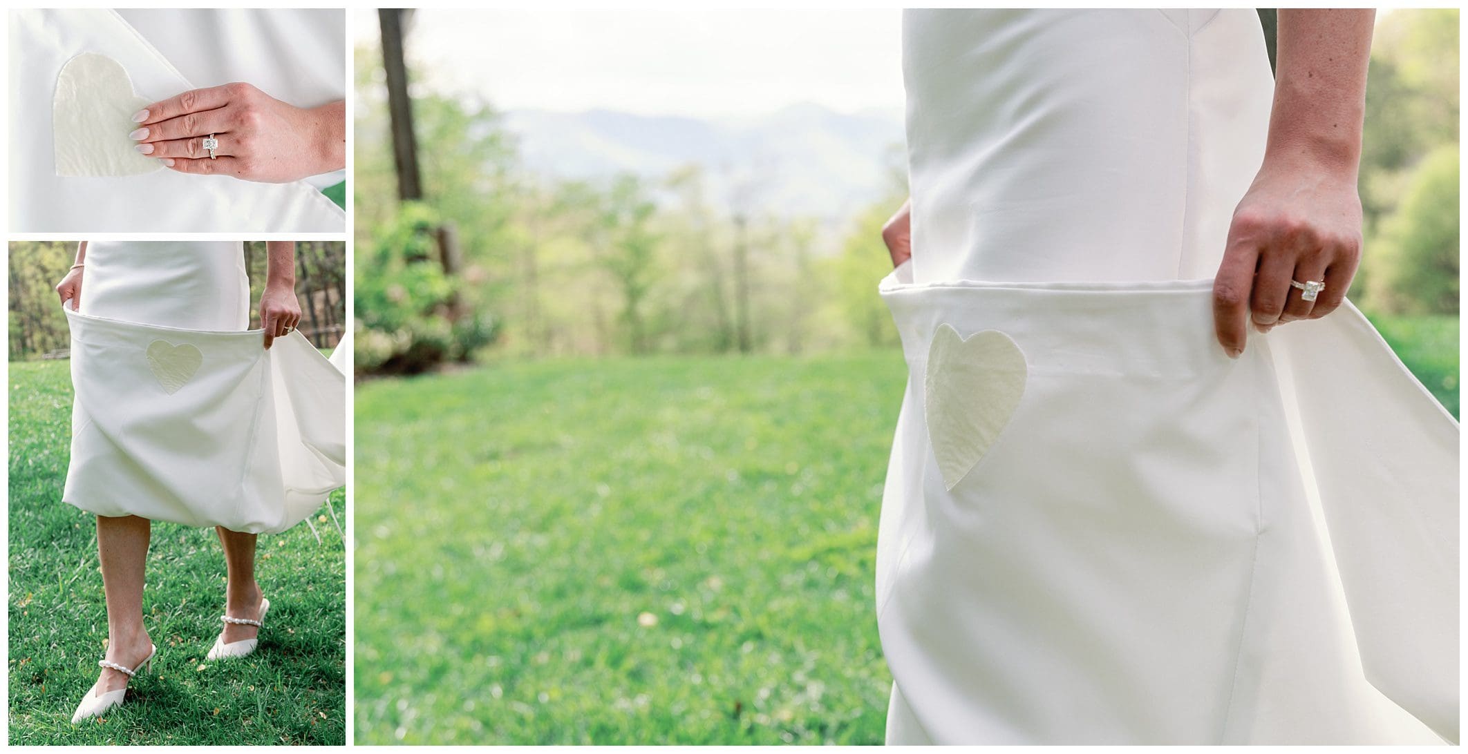 A bride in a white dress with heart cutouts, holding her skirt while walking in a grassy field, with scenic mountains in the background.