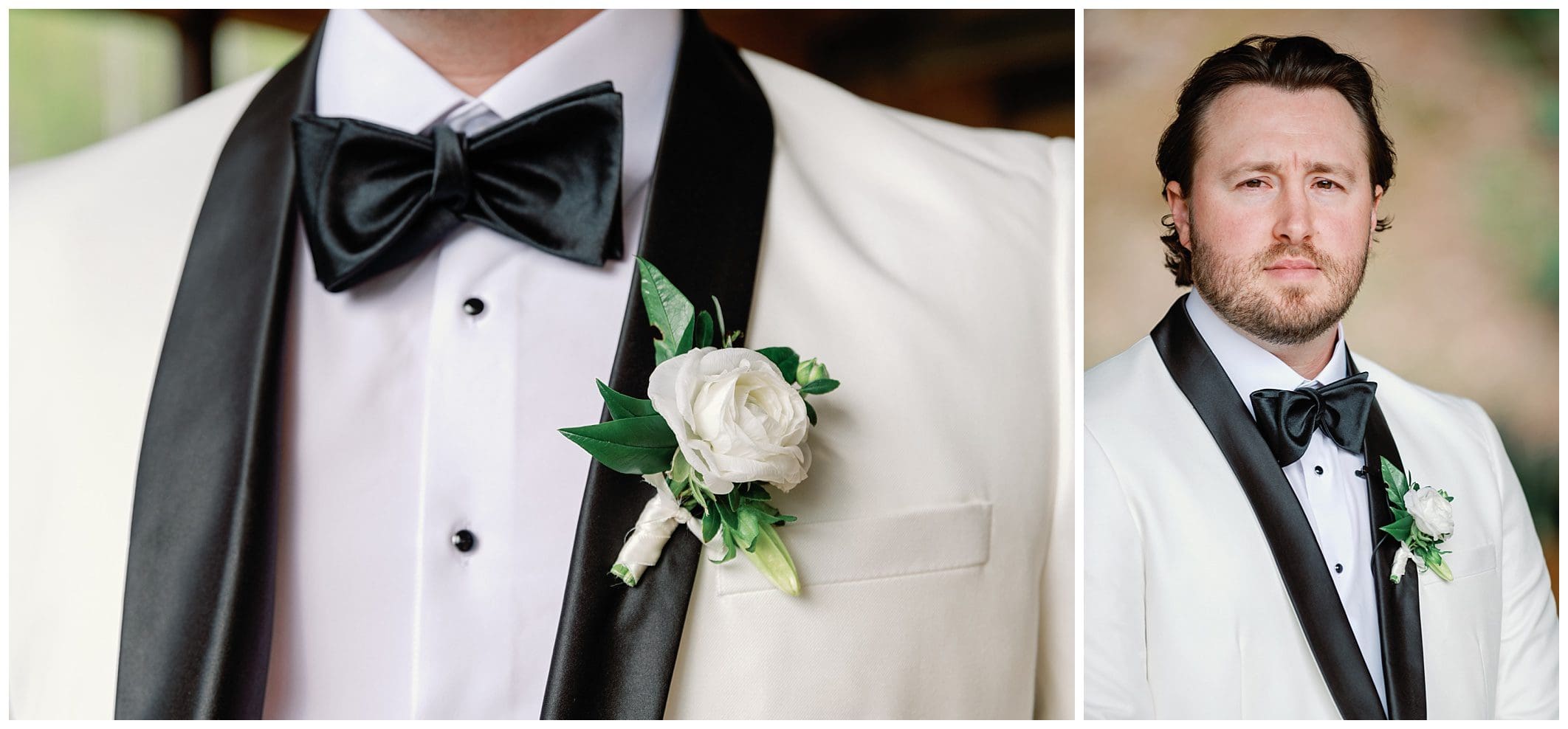 Close-up of a man in a tuxedo with a black bow tie and white rose boutonniere, alongside a portrait of the same man staring thoughtfully.