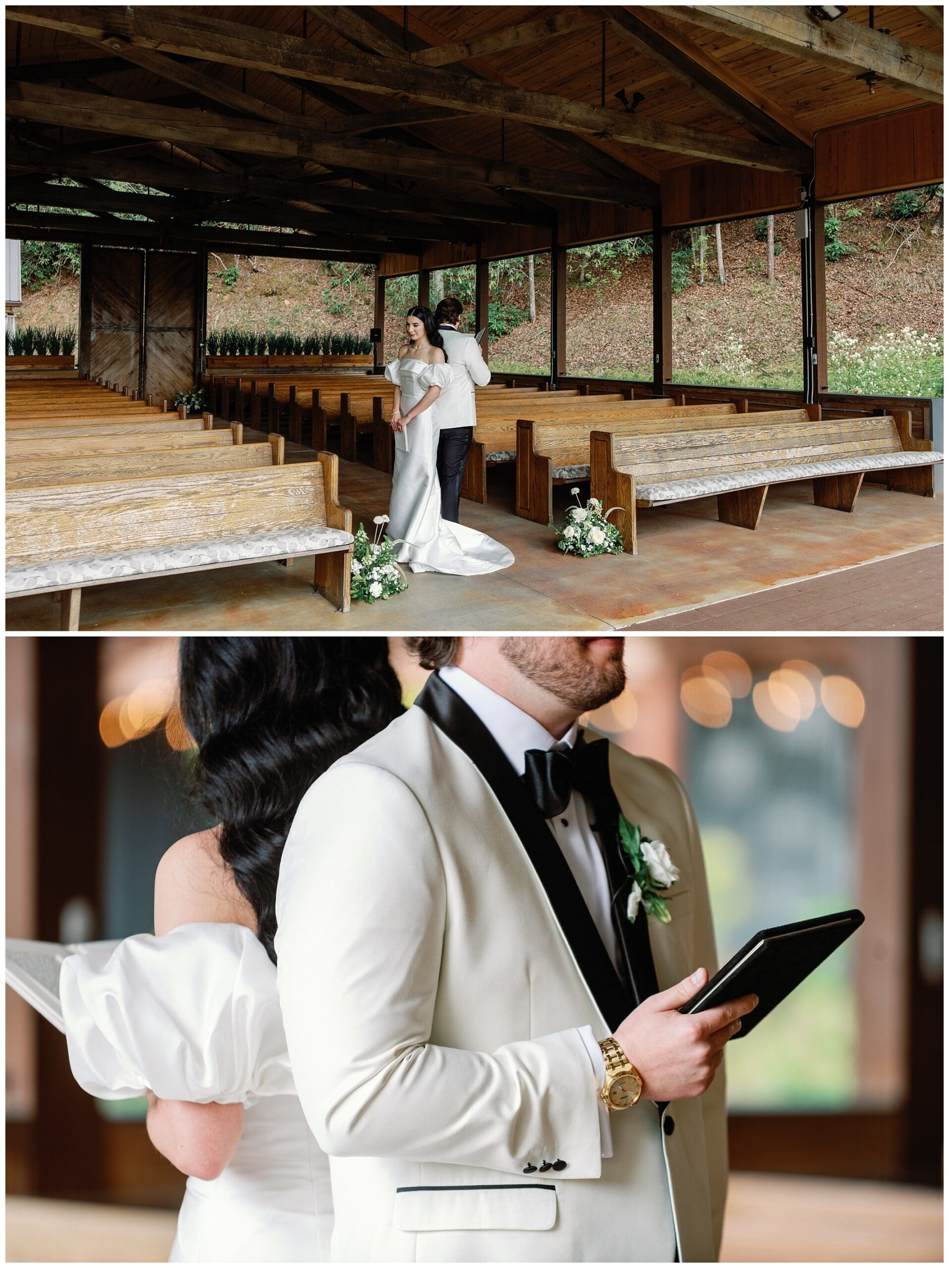 A wedding couple embraces on a wooden pavilion with large windows, and a close-up of their hands reading a tablet, highlighting the groom's watch and the bride's white dress.