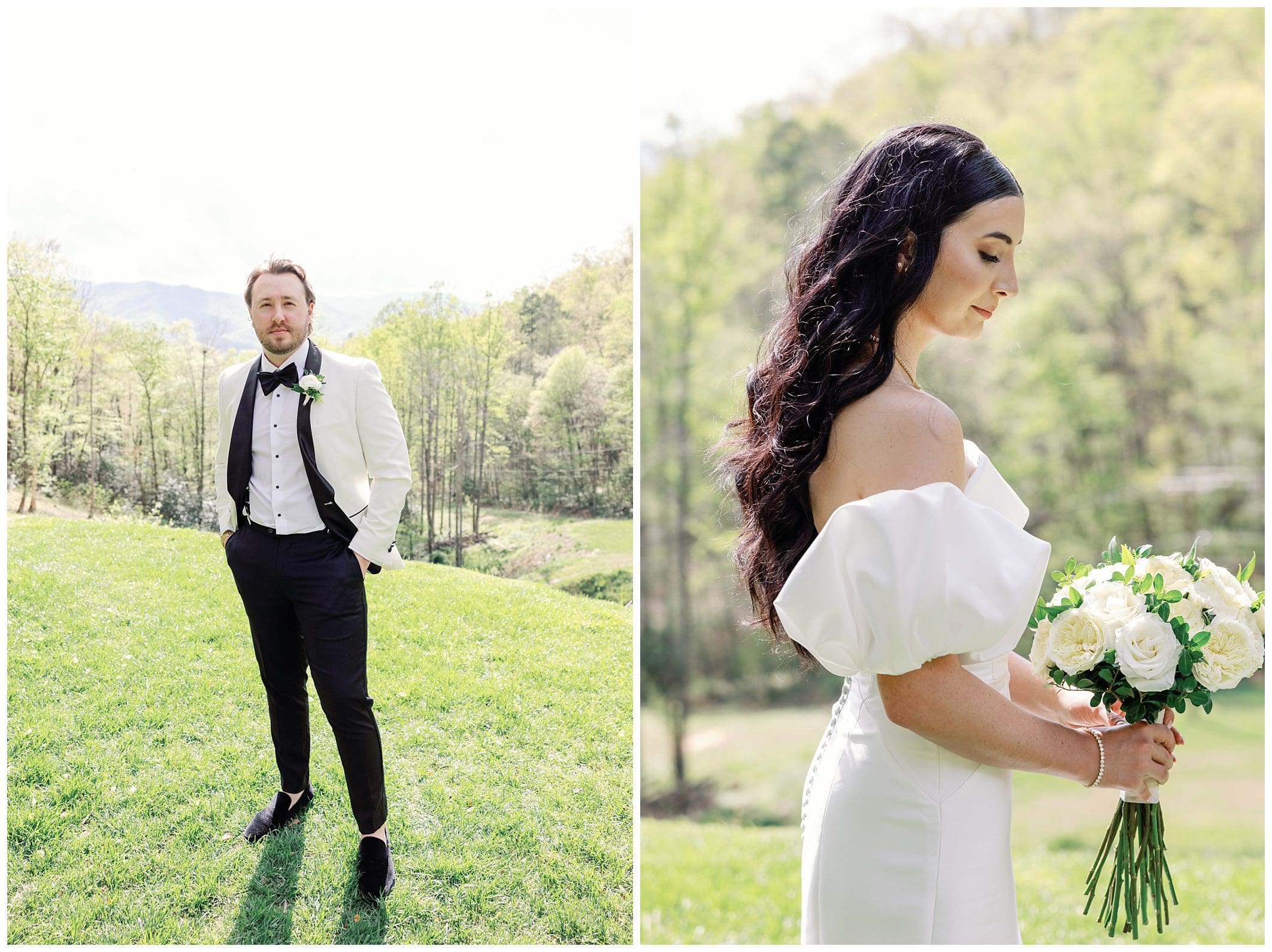 A split image of a wedding scene: on the left, a man in a tuxedo stands on grass; on the right, a woman in a white off-shoulder dress holds a bouquet, both with a scenic mountain backdrop.