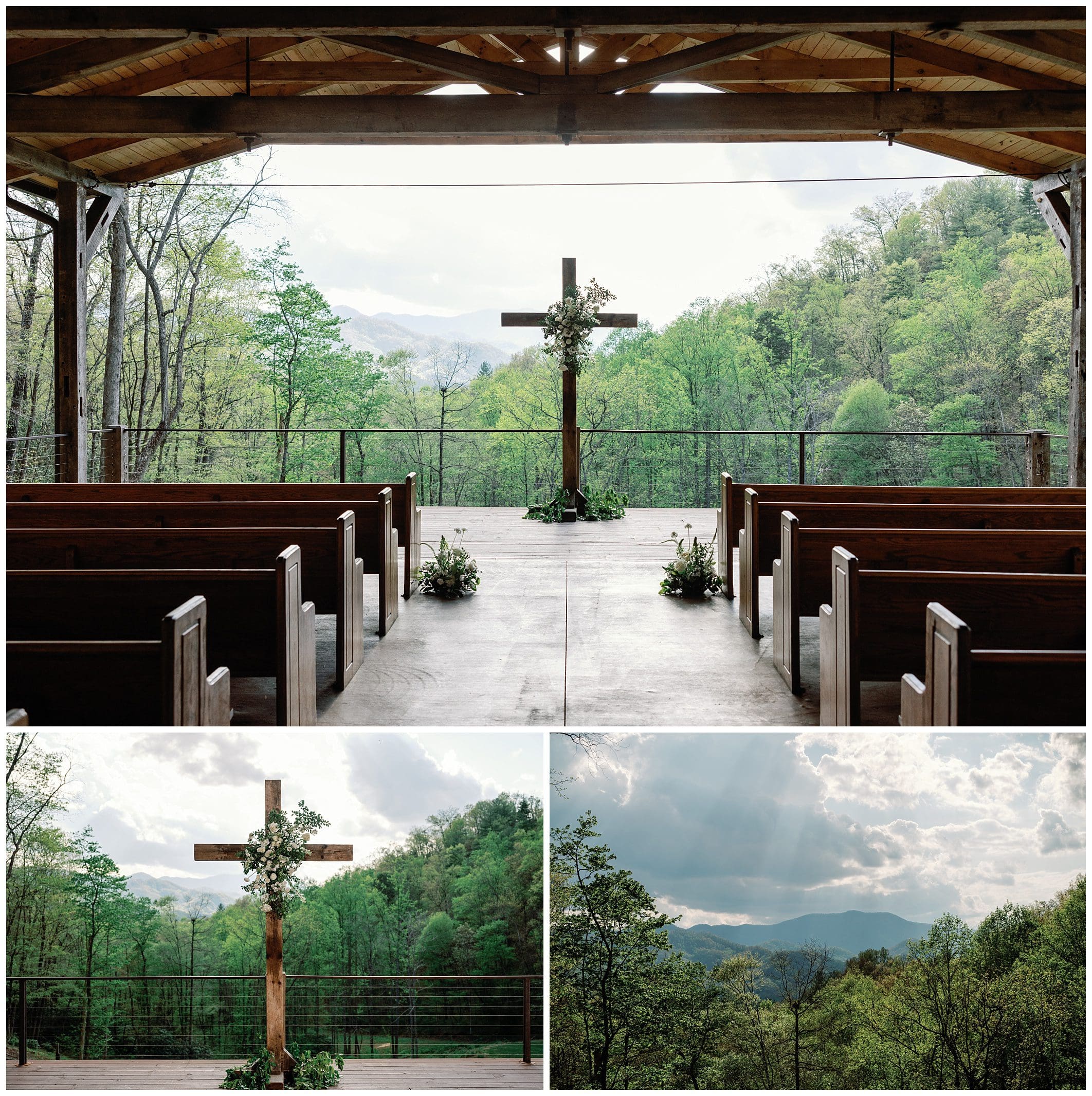 Open-air chapel with wooden pews facing a cross, set against a backdrop of lush green mountains and cloudy skies.