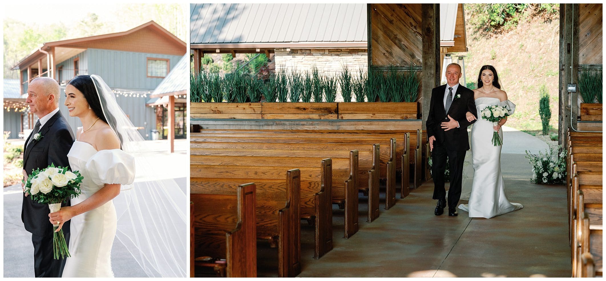 A bride in a white dress walks down the aisle with her father, flanked by wooden benches, in a rustic outdoor wedding setting.