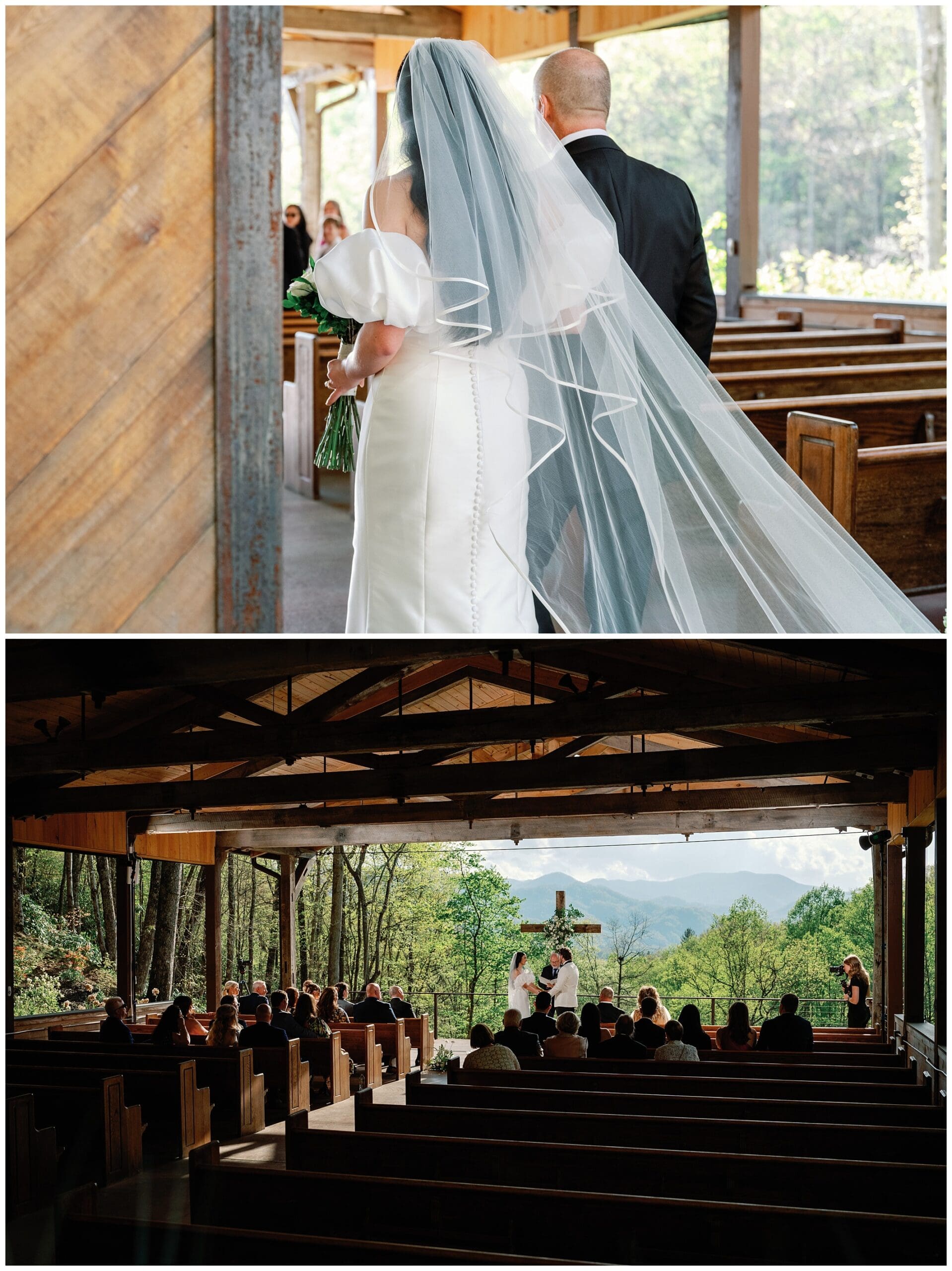 Top: bride and groom viewed from behind, entering a rustic, wood-lined chapel. bottom: wedding ceremony in a wooded pavilion with open sides, guests facing a mountain view.