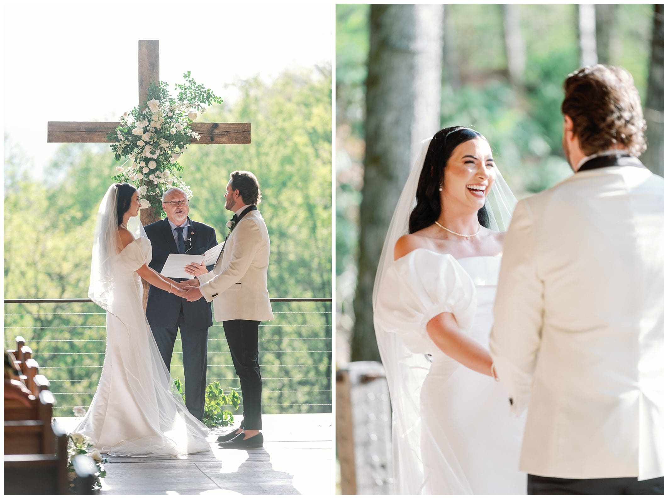 Bride and groom exchanging vows at an outdoor altar under a wooden cross adorned with flowers, and a close-up of the bride smiling at the groom.