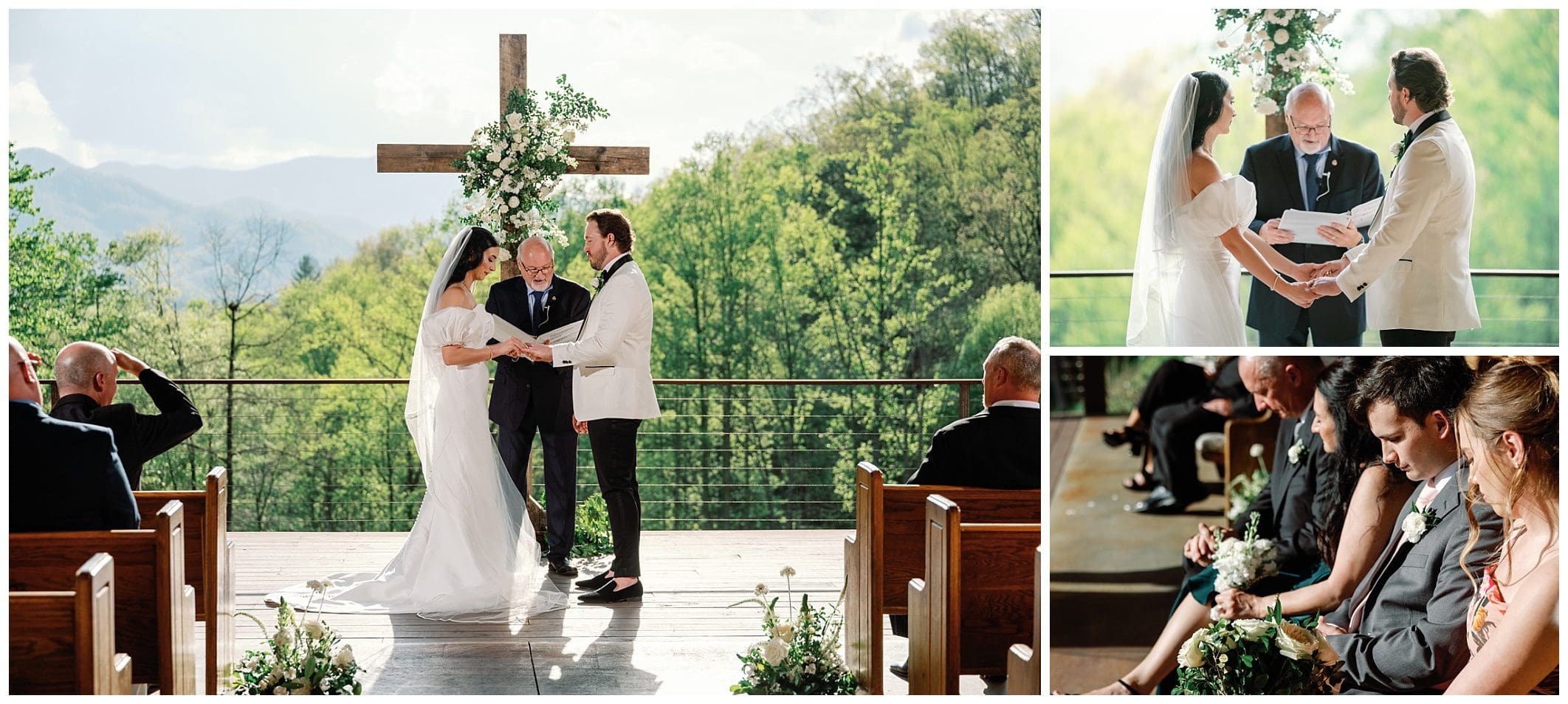 A wedding ceremony taking place on an outdoor platform, surrounded by guests and scenic mountain views, featuring two images of the couple exchanging vows and rings.