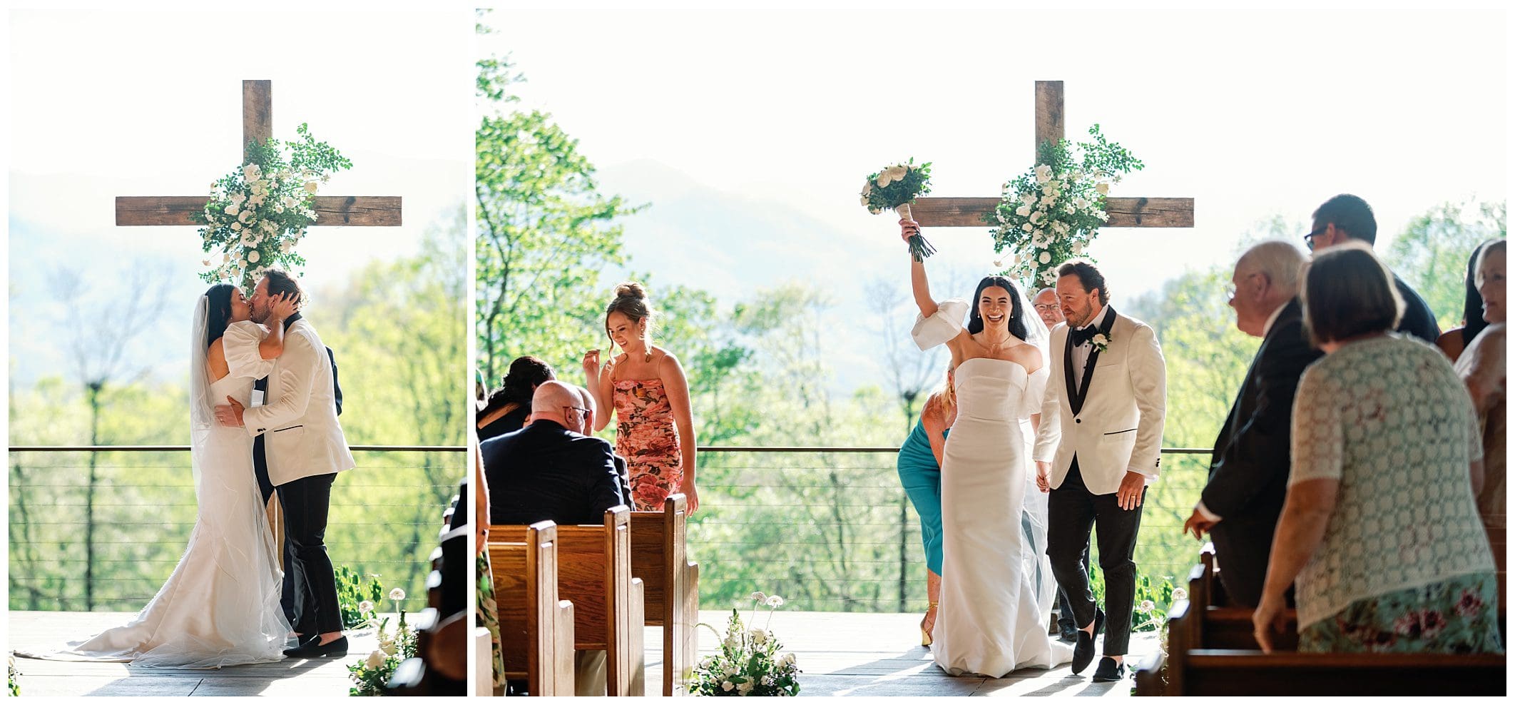 A collage of two wedding scenes: the left shows a bride and groom kissing under a floral-decorated cross, while the right depicts them joyfully walking down the aisle, guests clapping.
