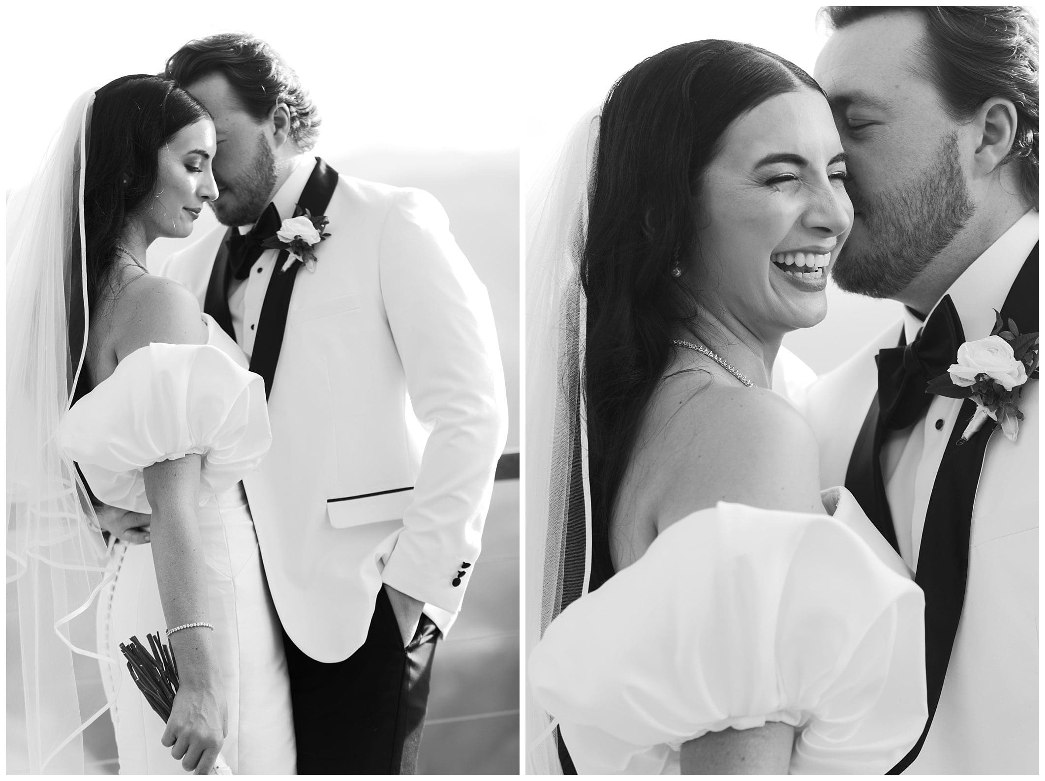 A black and white photo diptych of a newlywed couple embracing and smiling on their wedding day, the bride and groom dressed in elegant white attire.