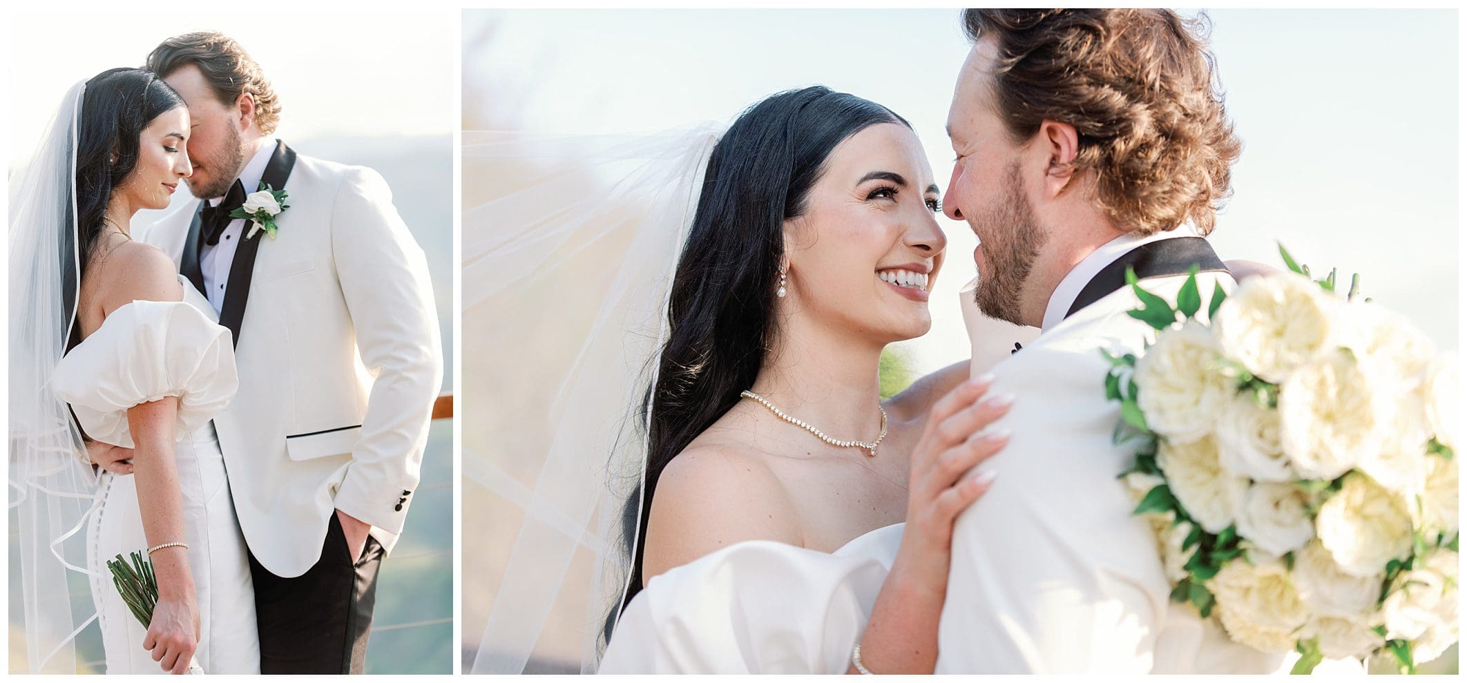 A triptych of a bride and groom: left image shows them touching foreheads, center image features the bride smiling, right image focuses on them embracing with a visible bouquet.