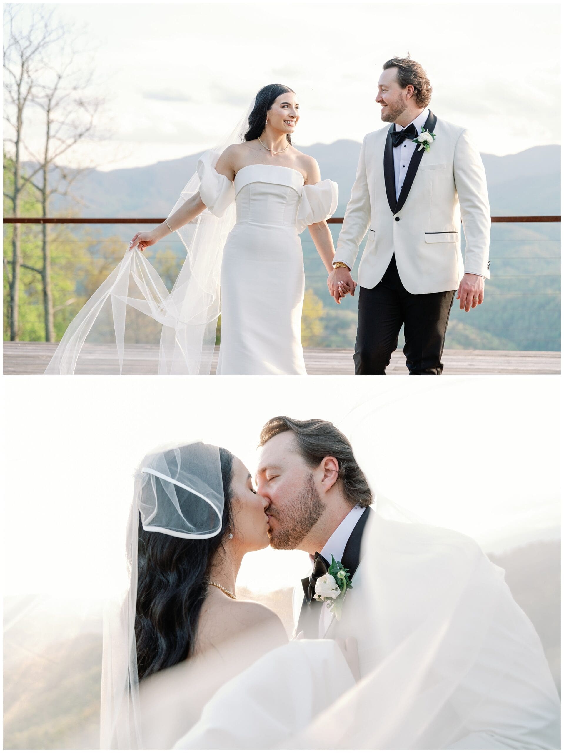 A bride and groom, in elegant wedding attire, joyfully interact in a mountainous setting, with one image showing them walking and smiling, and the other capturing a close-up kiss.