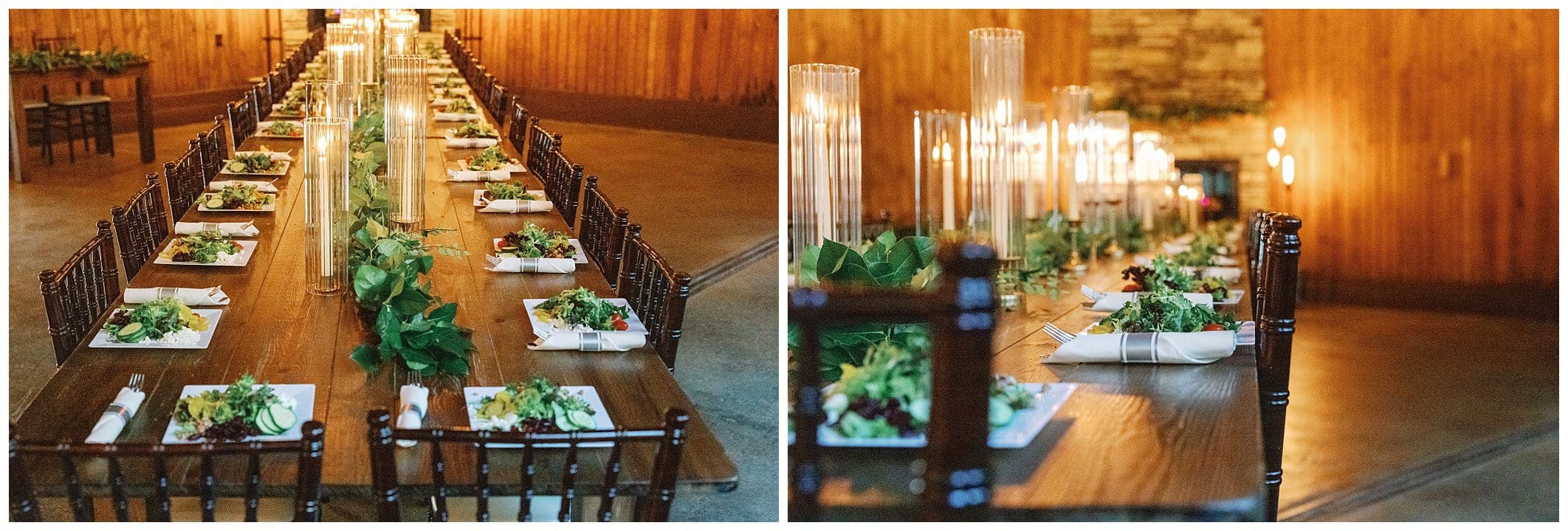 Long dining tables elegantly set with white dishes and greenery in a warmly lit wooden banquet hall, focus on candlelit ambiance.