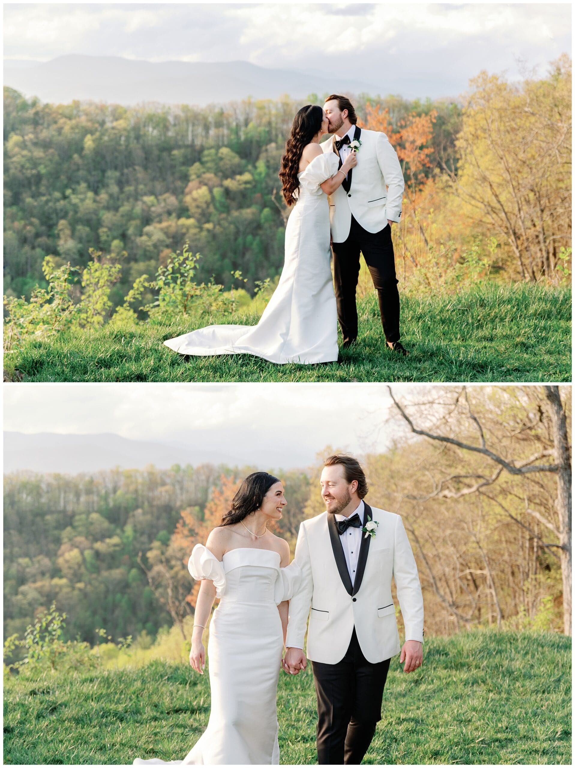 A bride and groom lovingly kiss and walk hand-in-hand in a lush meadow, with scenic mountains in the background.