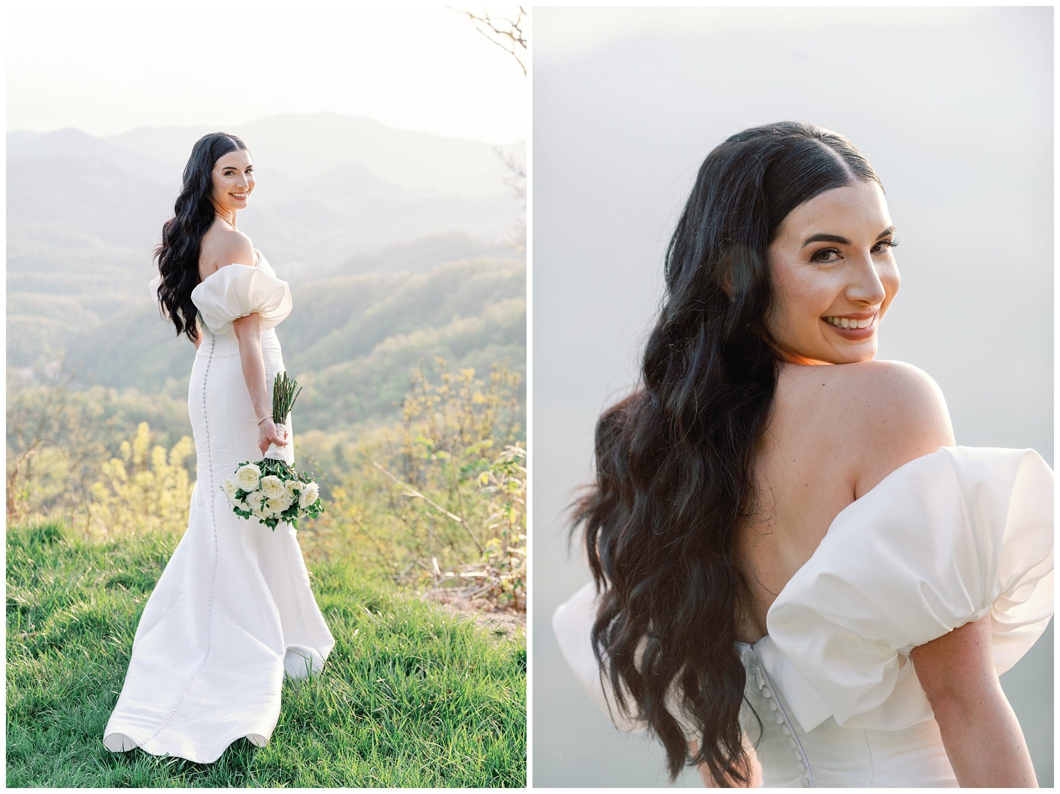 A bride holding a bouquet, smiling in a mountainous landscape on the left, and a close-up of her smiling over her shoulder on the right.