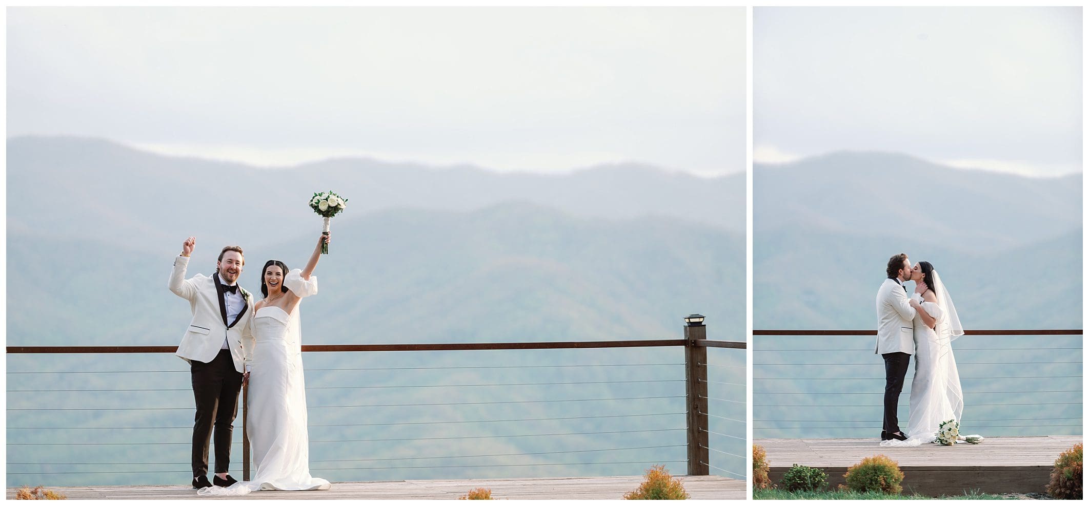 A bride and groom celebrating on a deck with mountain views; one image shows them cheering and the other kissing.