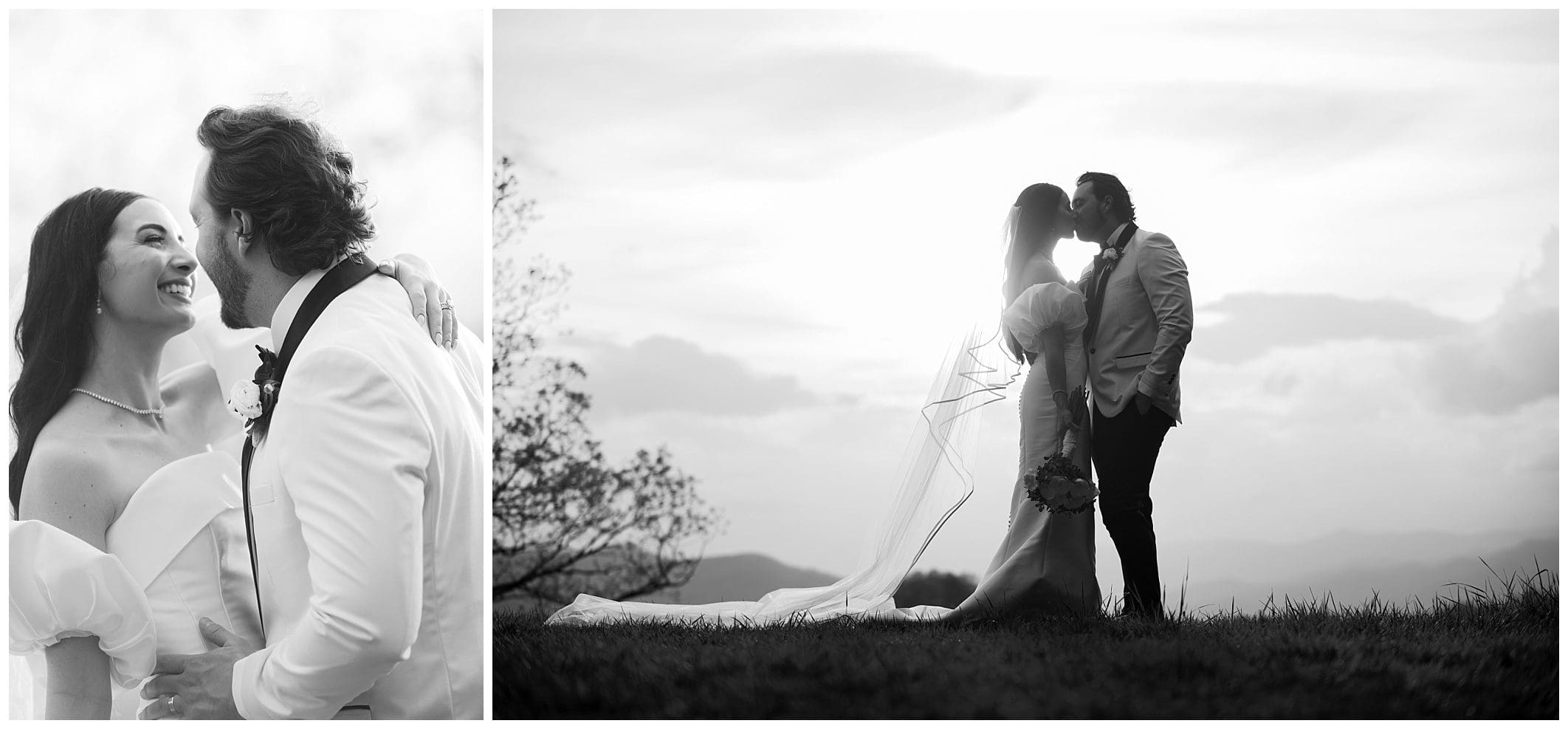 A bride and groom share a close, joyful moment in a black and white photo on the left, and embrace as they kiss against a cloudy, mountainous backdrop on the right.