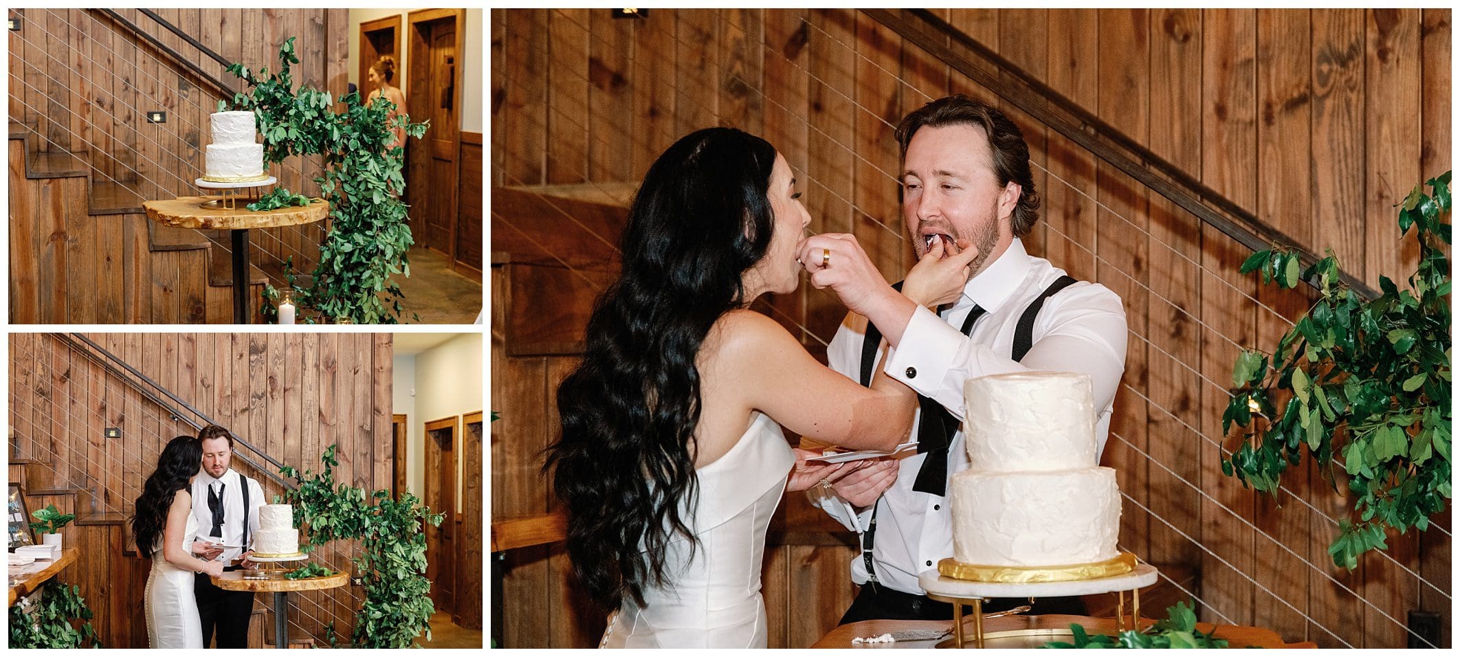Bride and groom happily feeding each other cake at their wedding reception, surrounded by wooden decor and green plants.