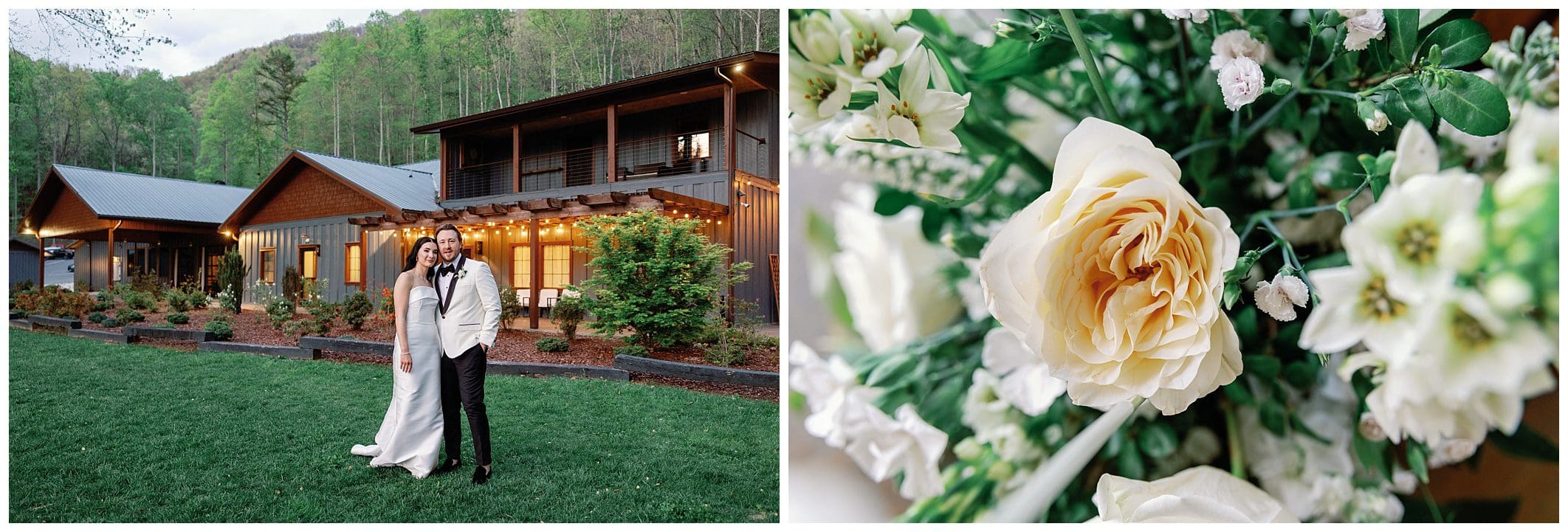 Intimate Spring Microwedding at Parker Mill , newlywed couple embracing on a lawn in front of a well-lit house with woods in the background, adjacent to a close-up of pale white roses.