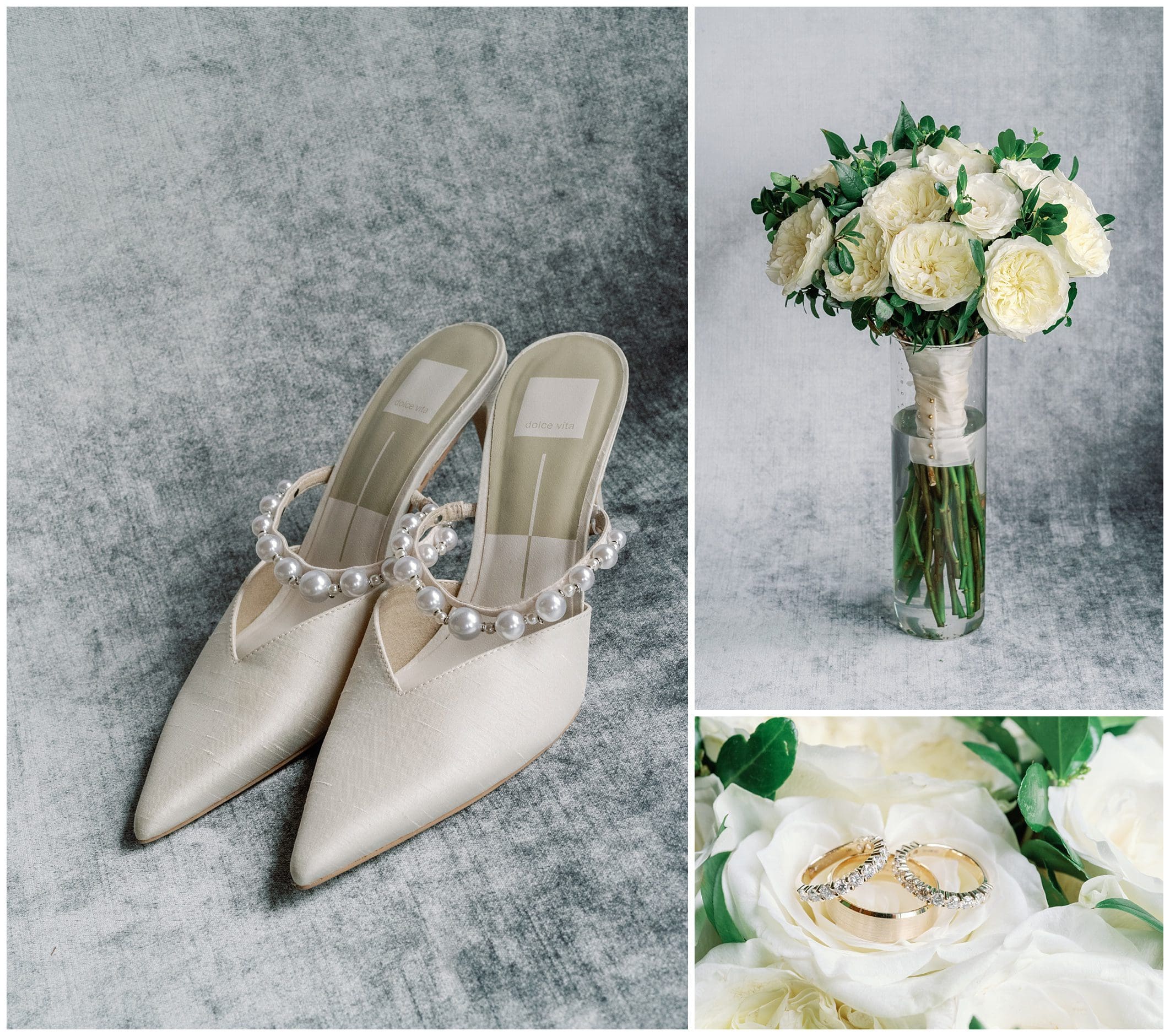 Elegant wedding accessories: ivory pointed-toe flats with pearl embellishments, a bouquet of white roses and greenery, and gold wedding bands nestled among white flowers.