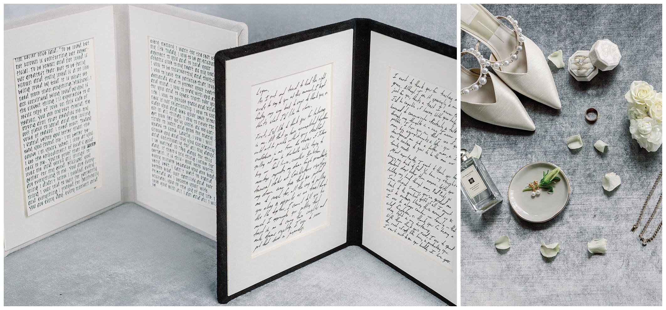 Left: open book with handwritten wedding vows. middle: close-up of open book with hand written vows. right: wedding accessories including shoes, rings, and flowers on a table.