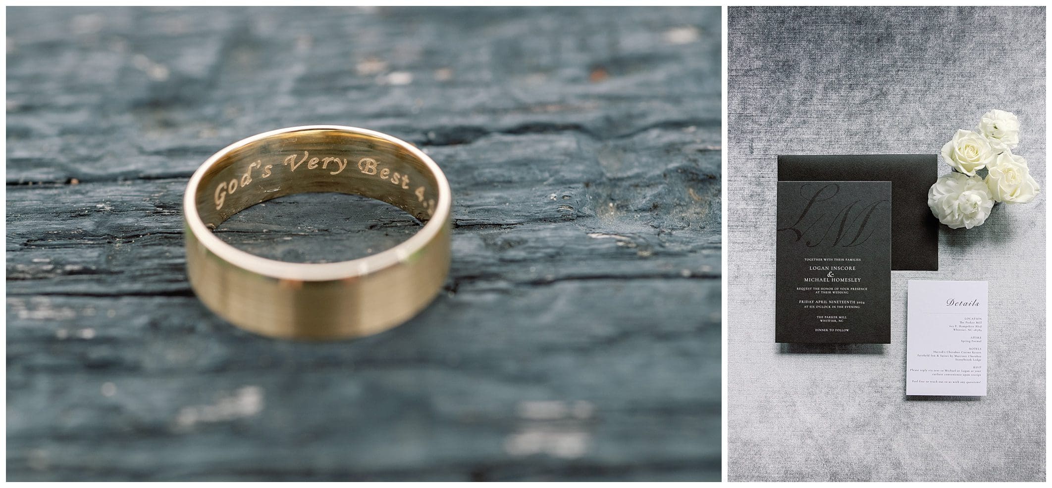 Gold wedding band with "god's very best" engraved inside, on a textured wooden surface. on the right, elegant wedding invitation suite with white flowers.
