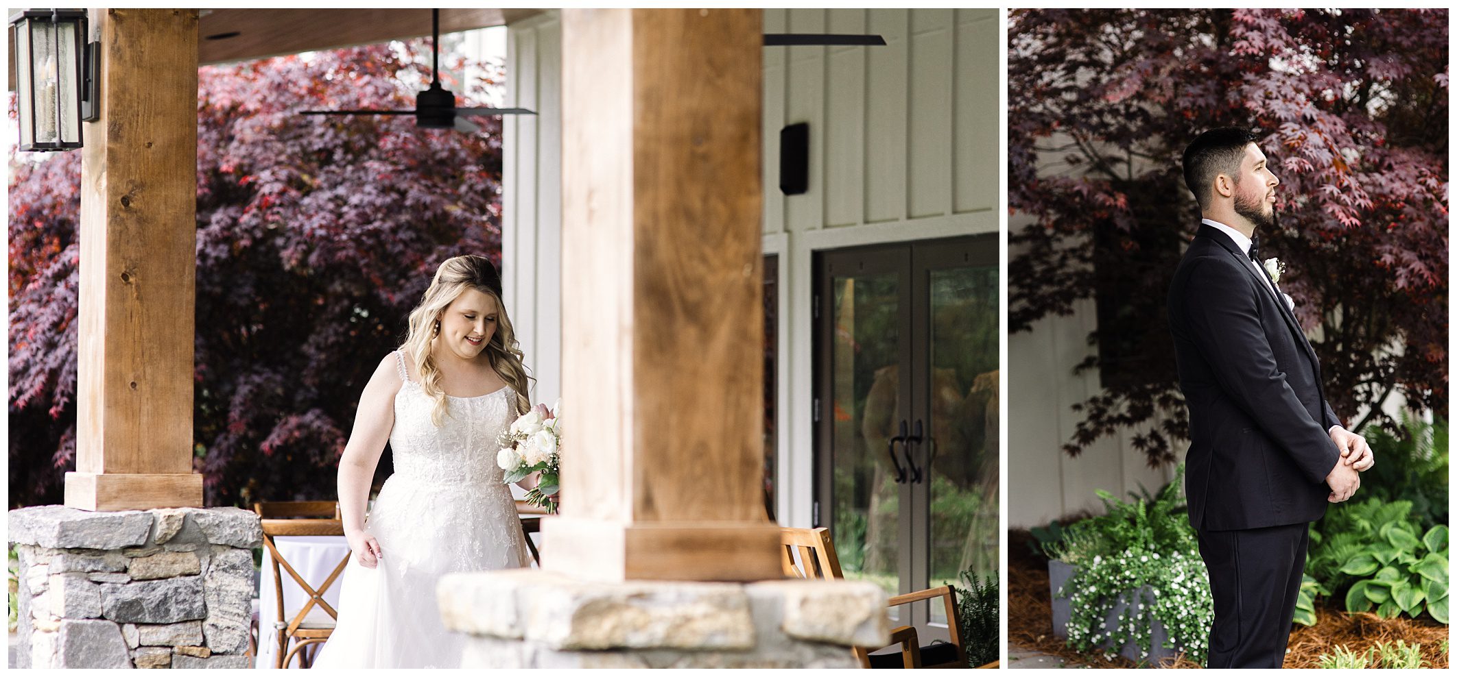 Bride approaching groom from behind for a first look moment outside a building with wooden columns and flowering trees at Chestnut Ridge.