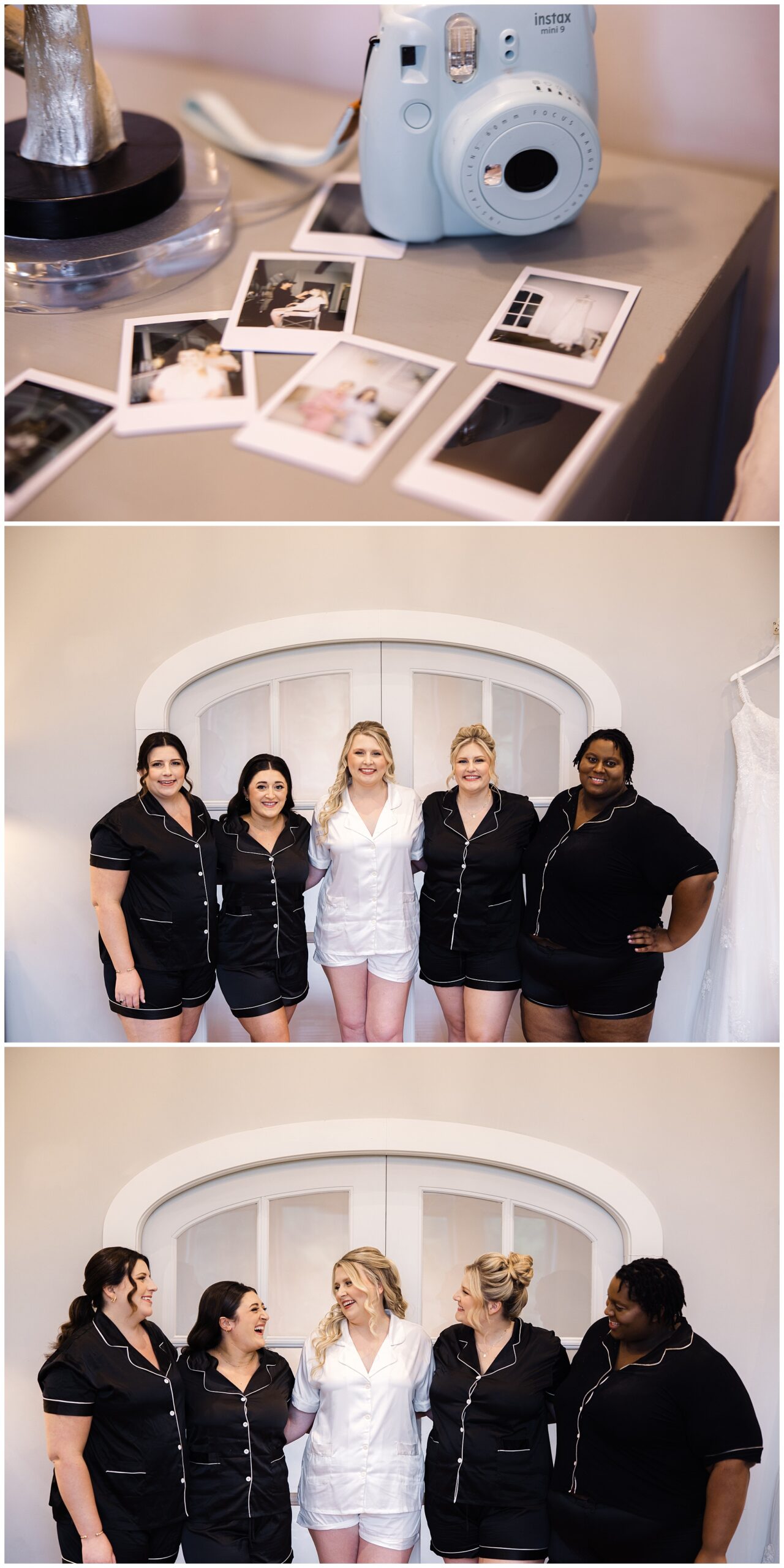 A bride and her bridesmaids dressed in matching black outfits smile together at a mountain wedding, while the top part of the image shows an Instax camera surrounded by freshly taken photos.