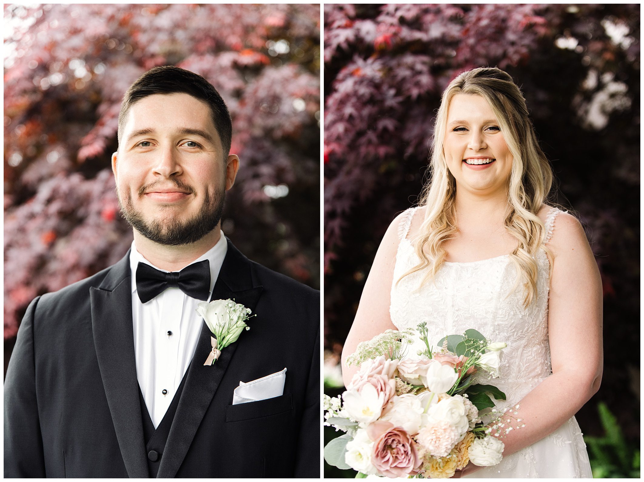 Portrait of a groom in a black tuxedo and a bride holding a bouquet, standing separately against a backdrop of vibrant purple foliage at Chestnut Ridge.