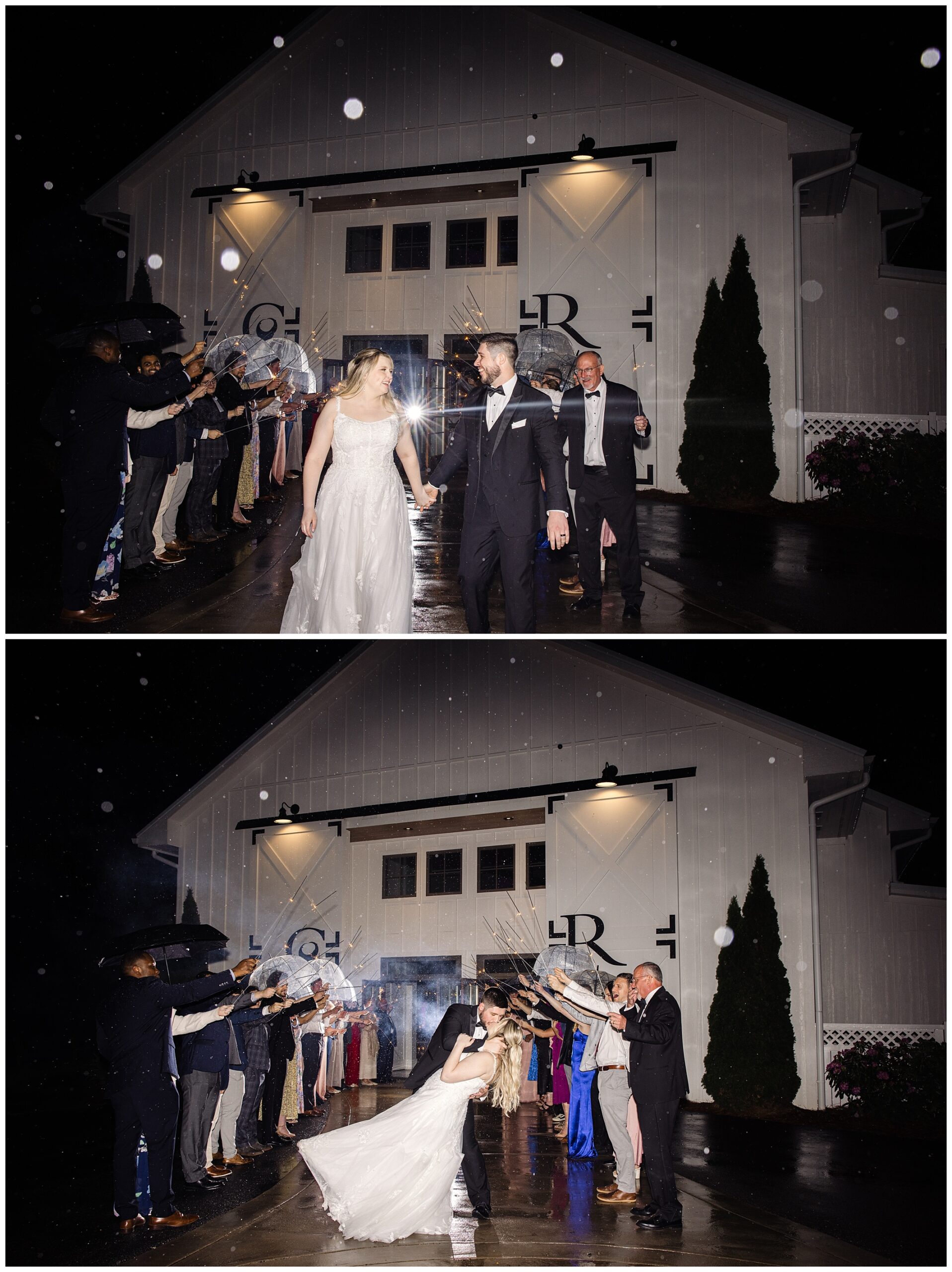 A newlywed couple exits a building at night amidst a sparkler send-off during their mountain wedding at Chestnut Ridge, with guests lining both sides under light rain.