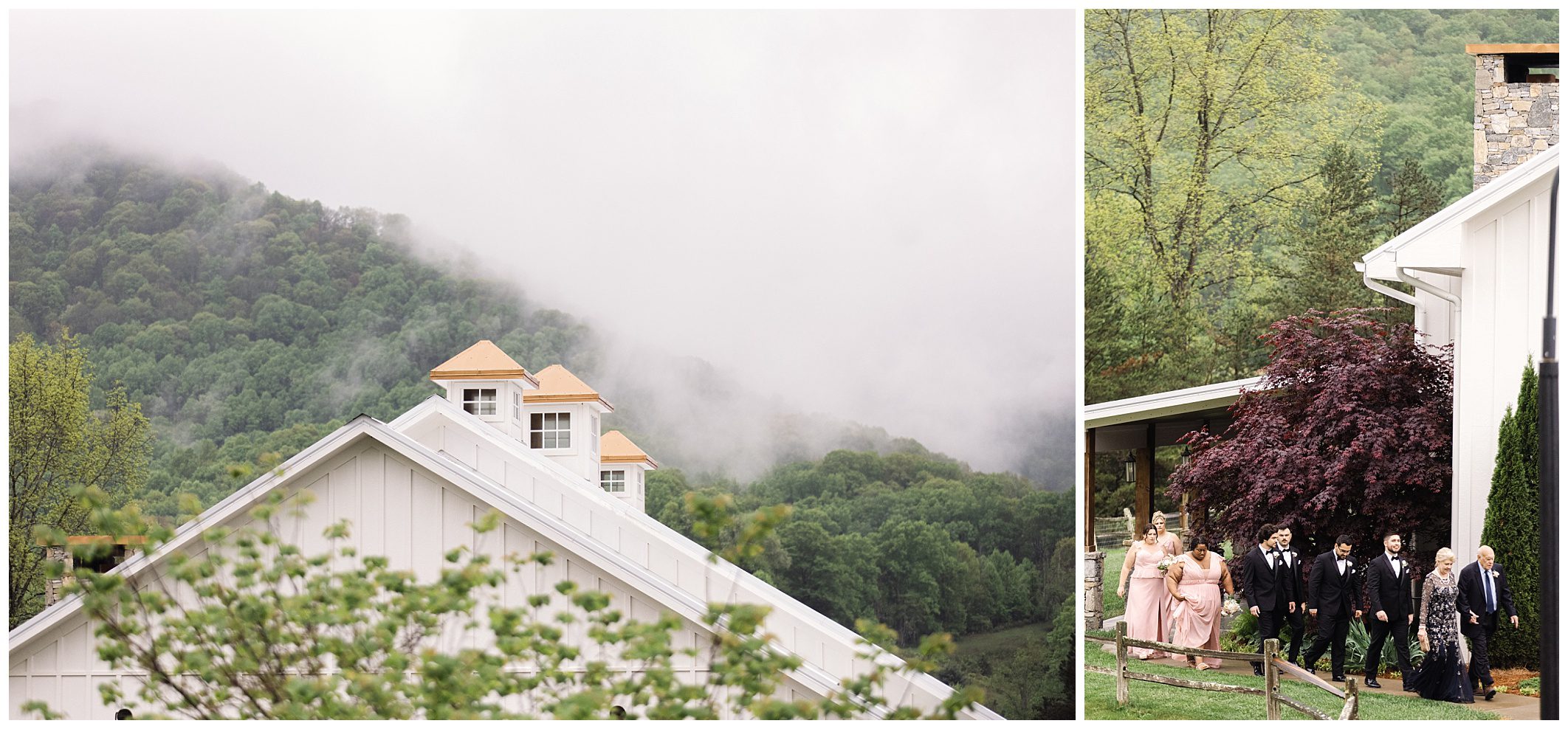 A collage of two wedding day scenes: one showing misty rain-drenched mountains behind a white building at Chestnut Ridge, and the other featuring a bridal party walking near white buildings surrounded by lush greenery.