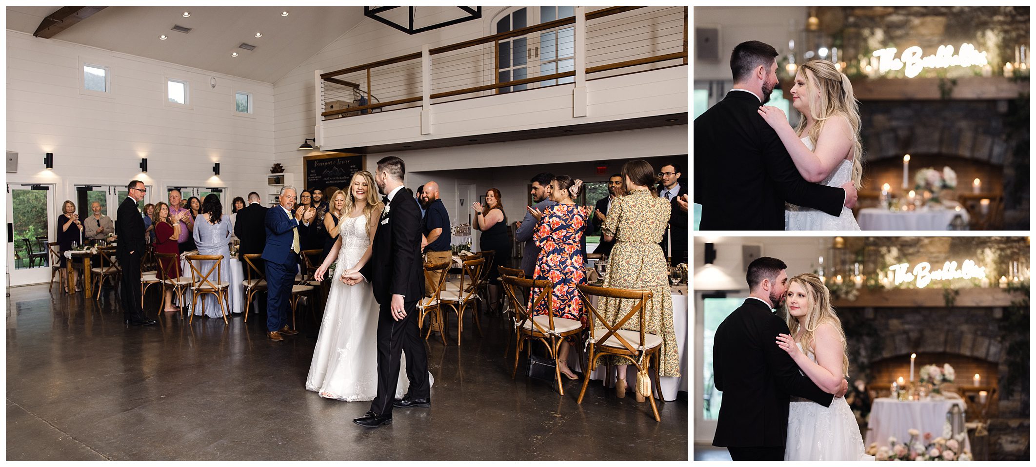 A mountain wedding scene with guests watching a couple share a dance, next to a fireplace with "love" written in lights above it at Chestnut Ridge.