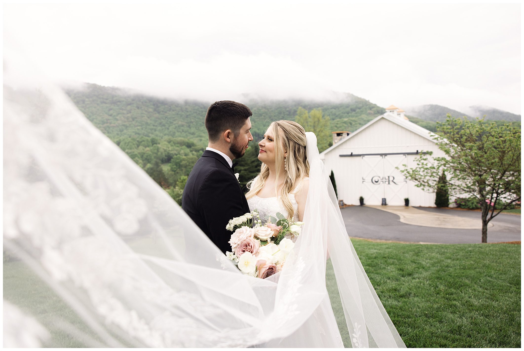 Bride and groom exchanging a loving gaze outdoors with a mountain backdrop at Chestnut Ridge, framed by the bride's flowing veil.