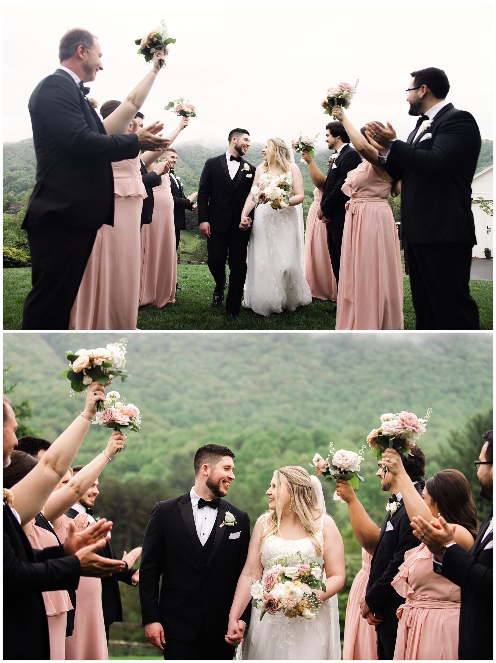 Bride and groom walking through an arch of flowers held by bridesmaids and groomsmen, with lush green mountains in the background at Chestnut Ridge.