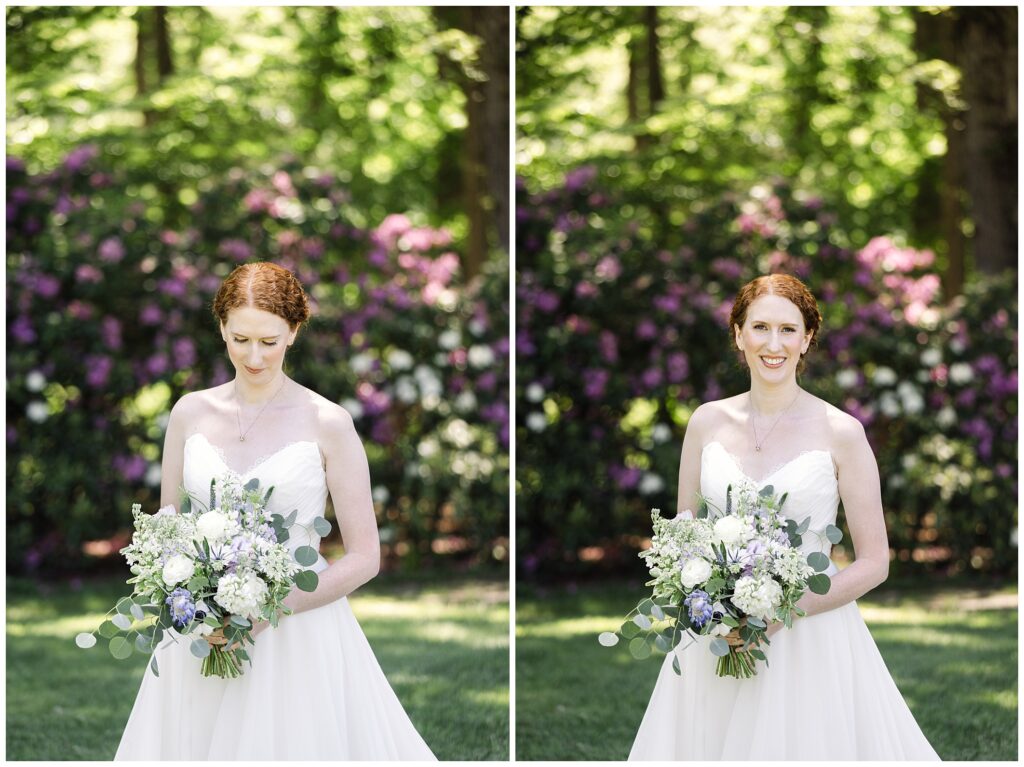 A woman in a white wedding dress holds a bouquet while standing outdoors in front of blooming flowers and green foliage. She looks down in the first image and smiles directly at the camera in the second.