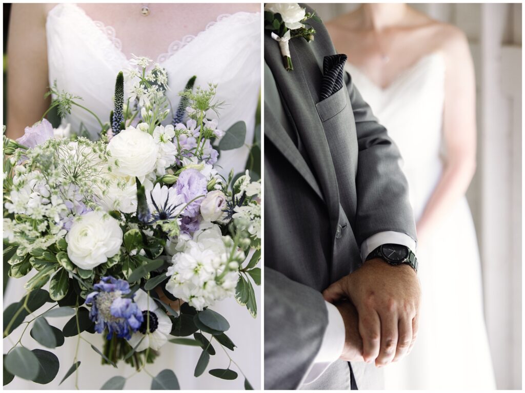 A split image: the left shows a bride holding a bouquet of white and purple flowers. The right shows the groom in a gray suit with folded hands, standing beside the bride.