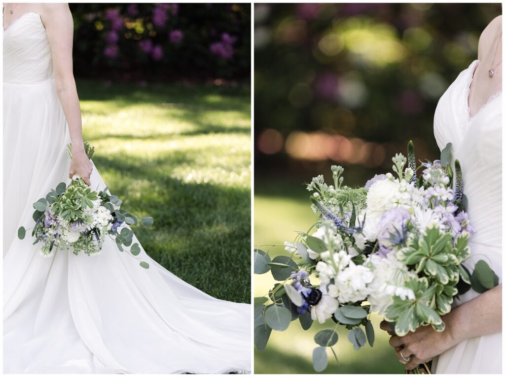 Two-panel image of a bride holding a bouquet of white, green, and purple flowers. The left panel shows the lower half of the bride in a white dress, while the right focuses on the bouquet and upper dress details.