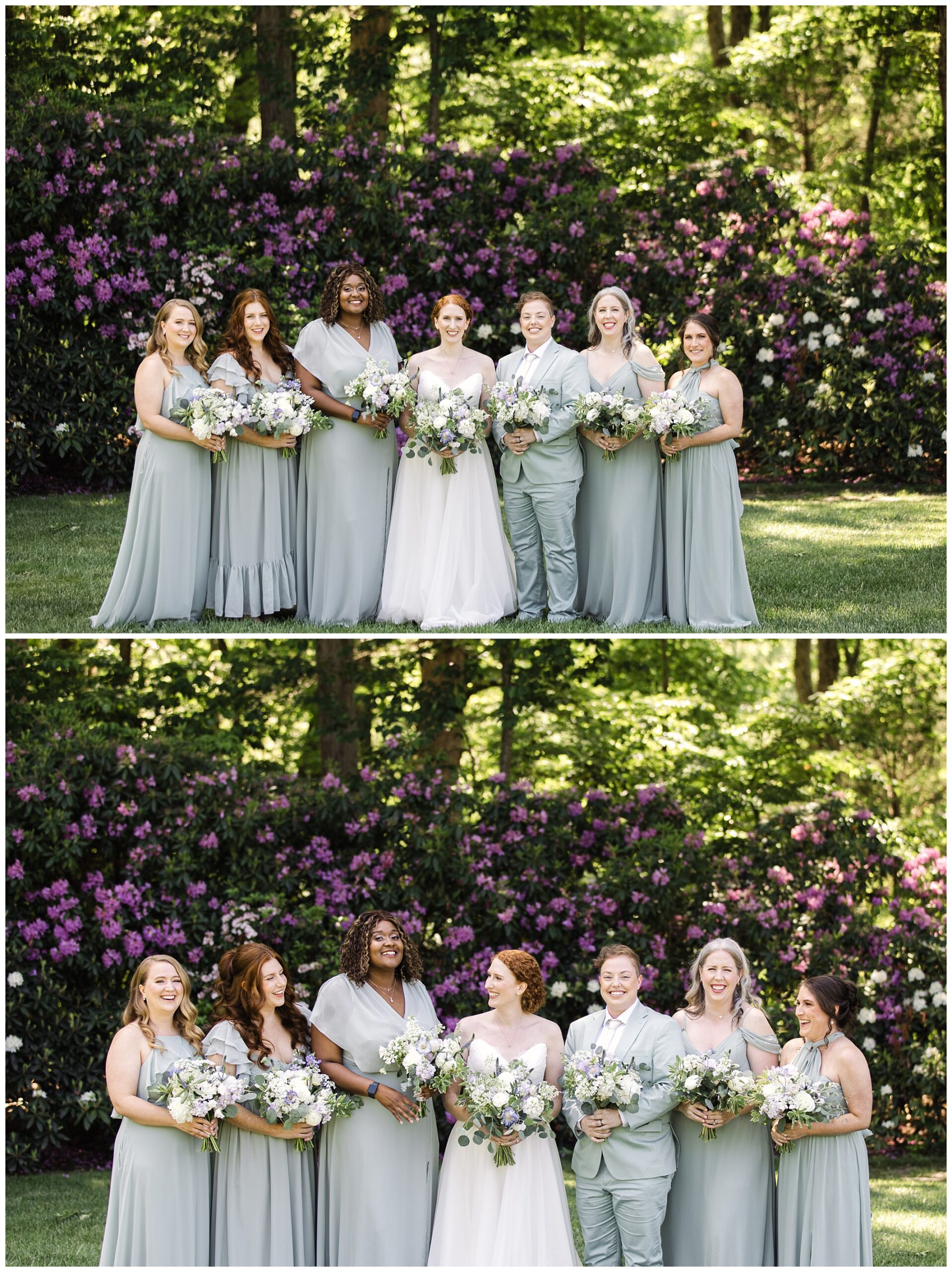 A bridal party stands outdoors in a garden, with bridesmaids in light grey dresses and one in a grey suit, holding bouquets of white and green flowers, with purple flowering shrubs in the background.