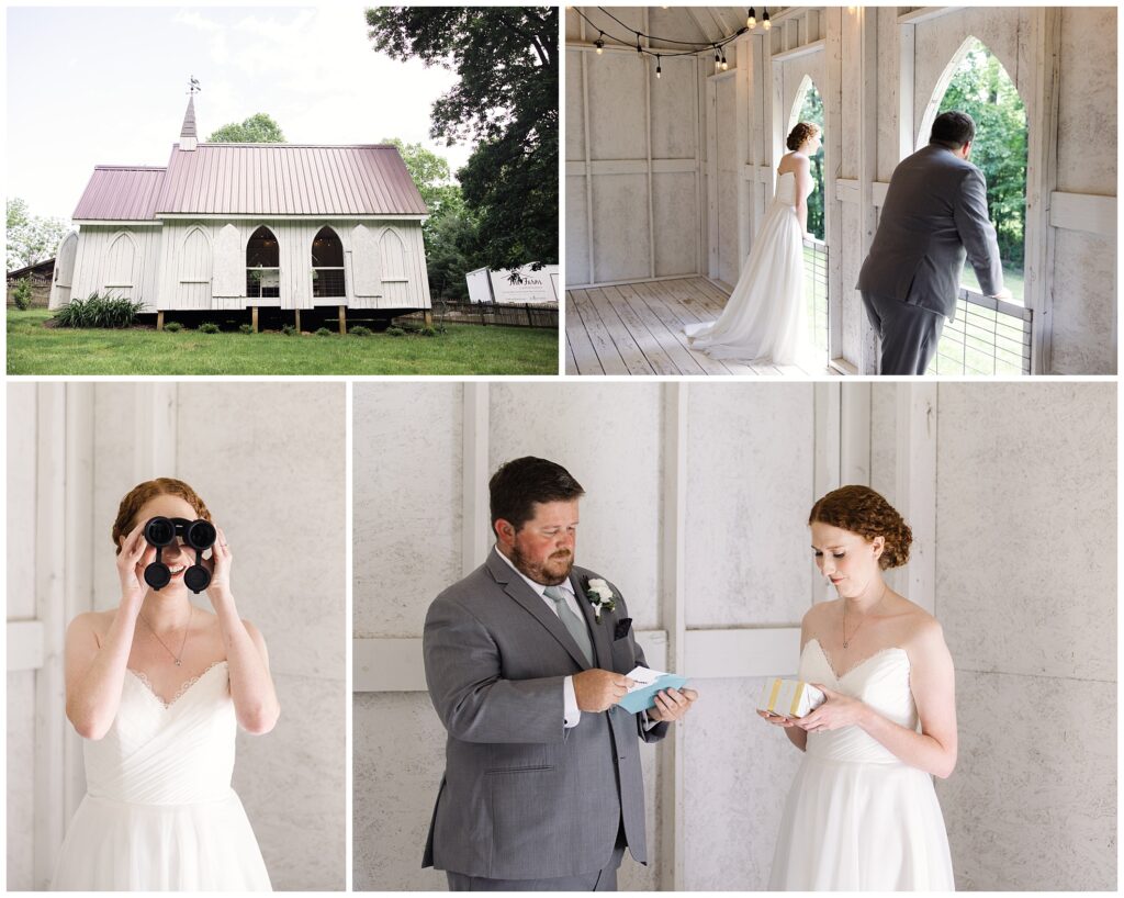 Collage of wedding scenes: a church exterior, bride and groom peeking at each other, bride using binoculars, and couple exchanging notes indoors. Bride in white dress, groom in grey suit.