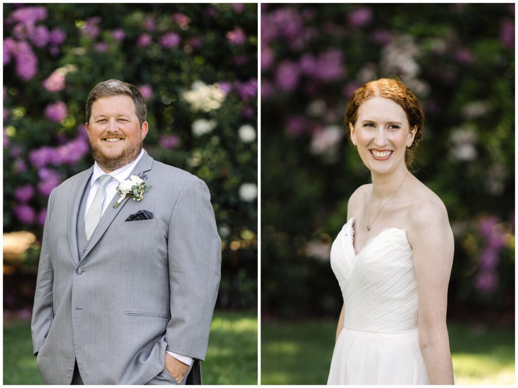 A man in a gray suit and a woman in a white dress stand outdoors, each posing separately against a backdrop of flowering bushes.