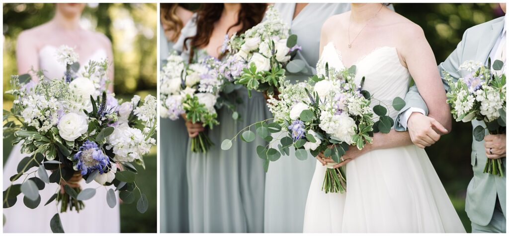 Bridal party holding bouquets of white, lavender, and green flowers, with bridesmaids wearing gray dresses and the bride in white holding hands with others.