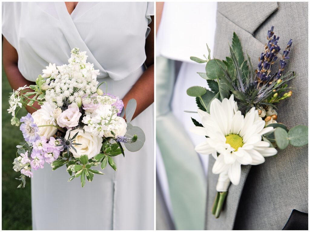 A person holds a bouquet of white and light purple flowers on the left; on the right, a close-up of a boutonniere featuring a white daisy and greenery on a person wearing a gray suit.