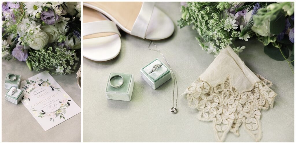 A flat lay image displays a wedding invitation, white high-heeled sandals, a bouquet, two mint green ring boxes with rings, a silver necklace with a pendant, and a lace-trimmed handkerchief.