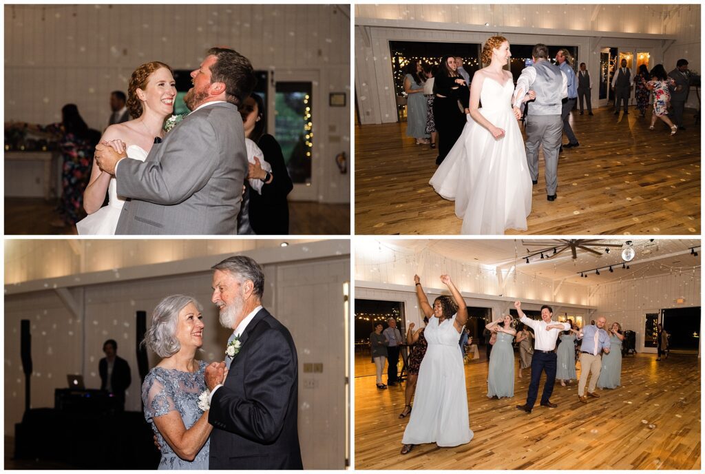 Four separate images of a wedding reception featuring couples dancing. Thumbnails include a bride and groom, older couple, and groups of guests enjoying the celebration in a decorated venue.