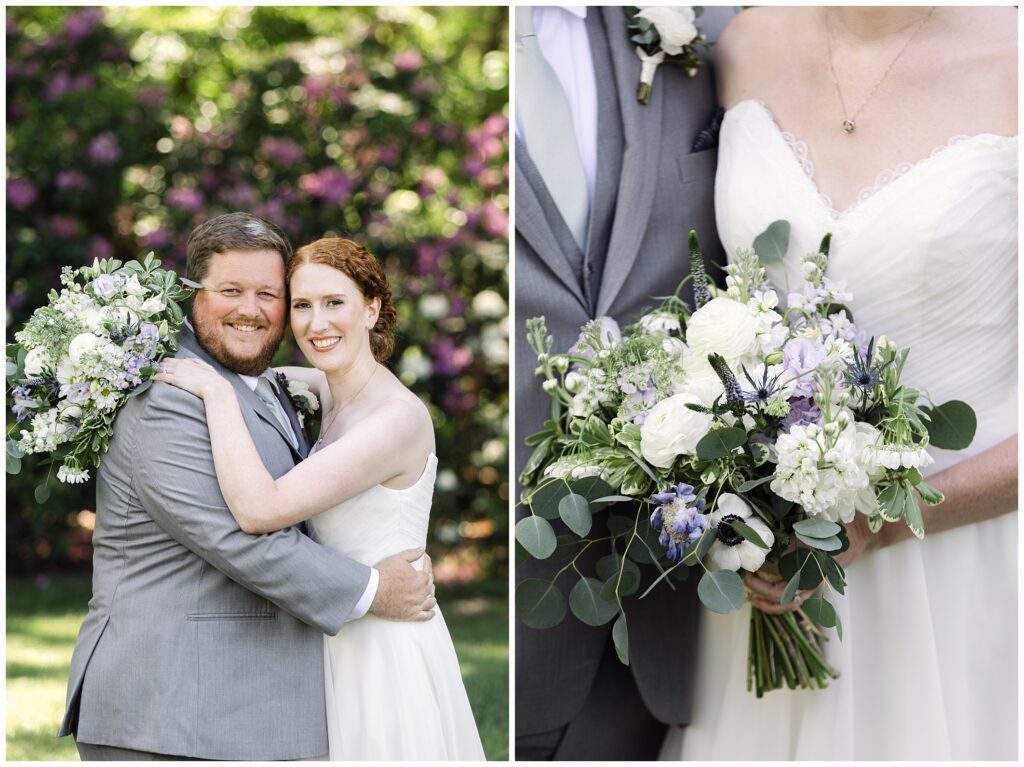 A bride and groom smile while embracing outdoors. The bride holds a bouquet of white and purple flowers. A close-up on the right shows the bouquet in detail.