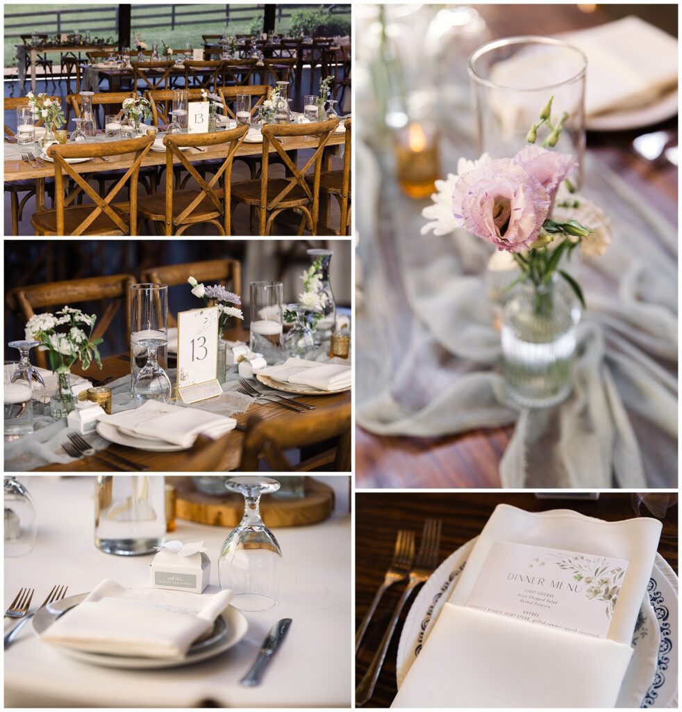 A collage of wedding table settings includes rustic wooden tables with floral centerpieces, candles, glassware, table numbers, and a dinner menu on a place setting with elegant cutlery and glassware.