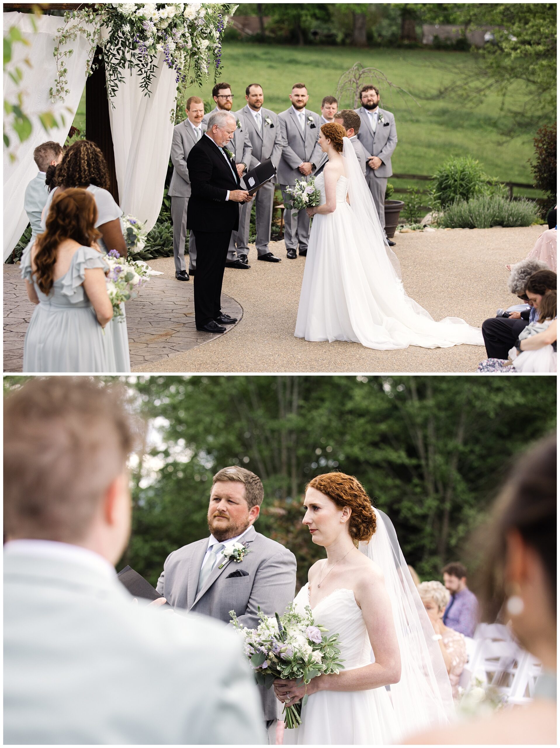 A wedding ceremony with a bride and groom standing before an officiant. Bridesmaids and groomsmen are present. The bride is in a white gown and the groom is in a gray suit.