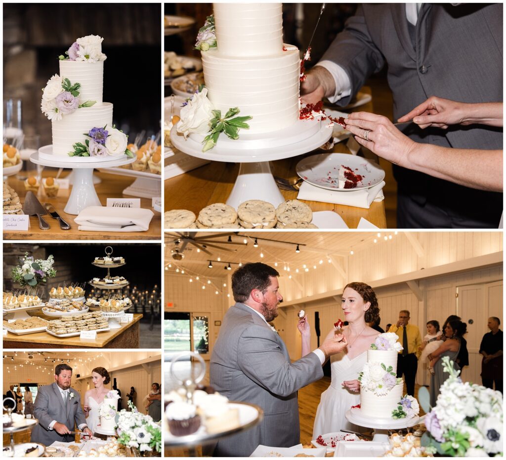 A collage of a wedding cake scene shows a white, two-tier cake, cutting by the couple, cupcake and cookies display, and bride and groom feeding each other cake in a decorated reception hall.