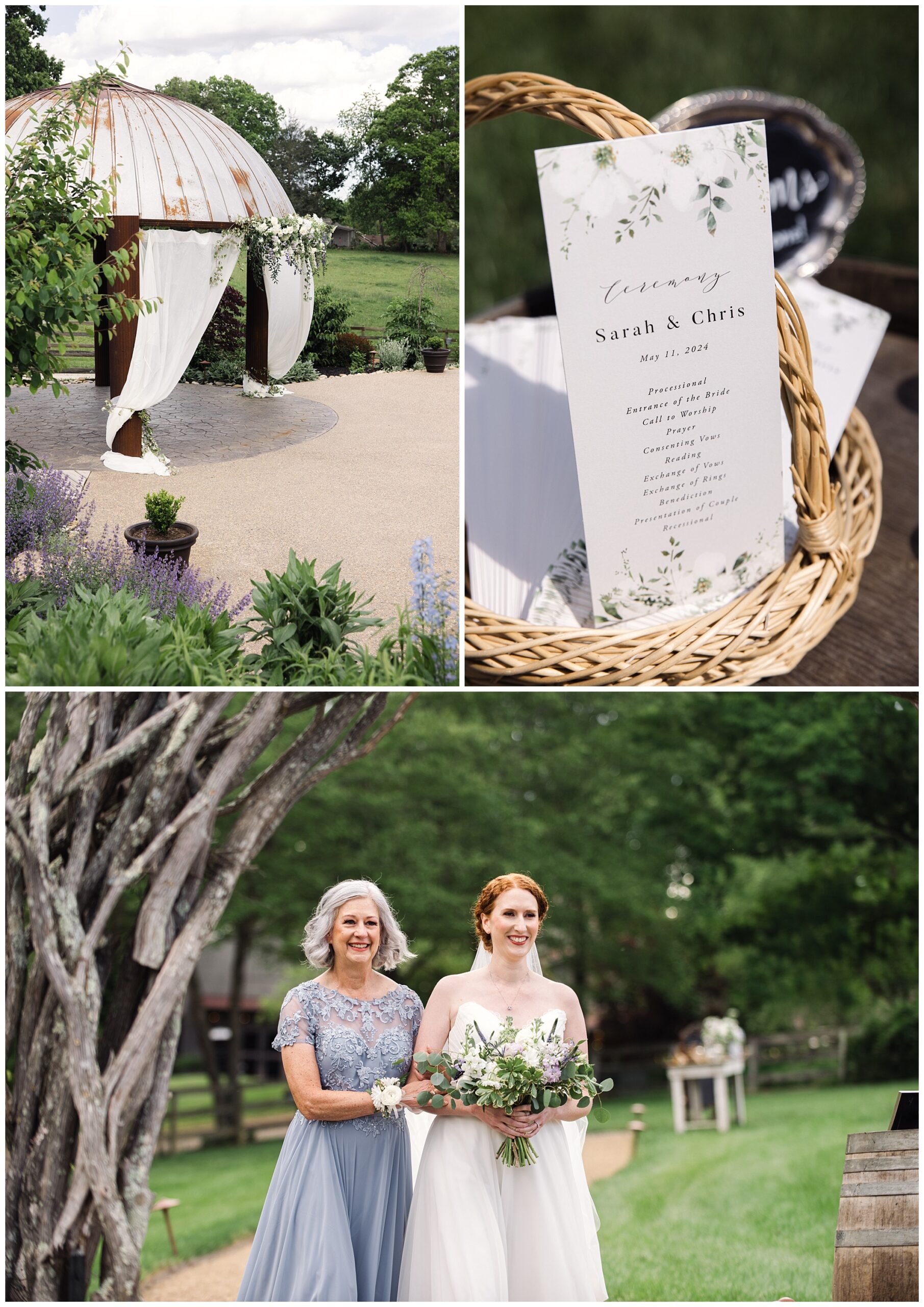 A gazebo set for a wedding ceremony; a wedding program in a wicker basket; a bride in a white dress walking down the aisle with a woman in a blue dress.