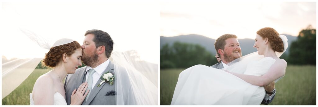 A bride and groom in wedding attire share an intimate moment in one photo, and the groom carries the smiling bride through a field in the second photo.