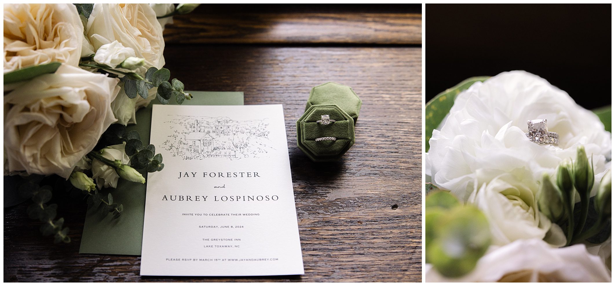 Wedding invitation and ring box placed on a wooden table with white flowers. The invitation reads "Jay Forester and Aubrey Lospinoso" and includes wedding details.